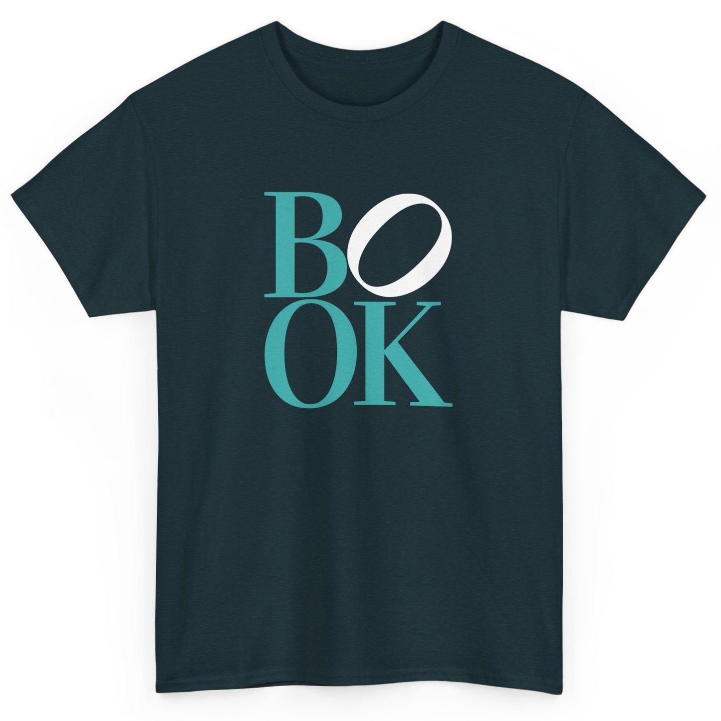Black t-shirt with 'BOOK' text in teal and white on a white background