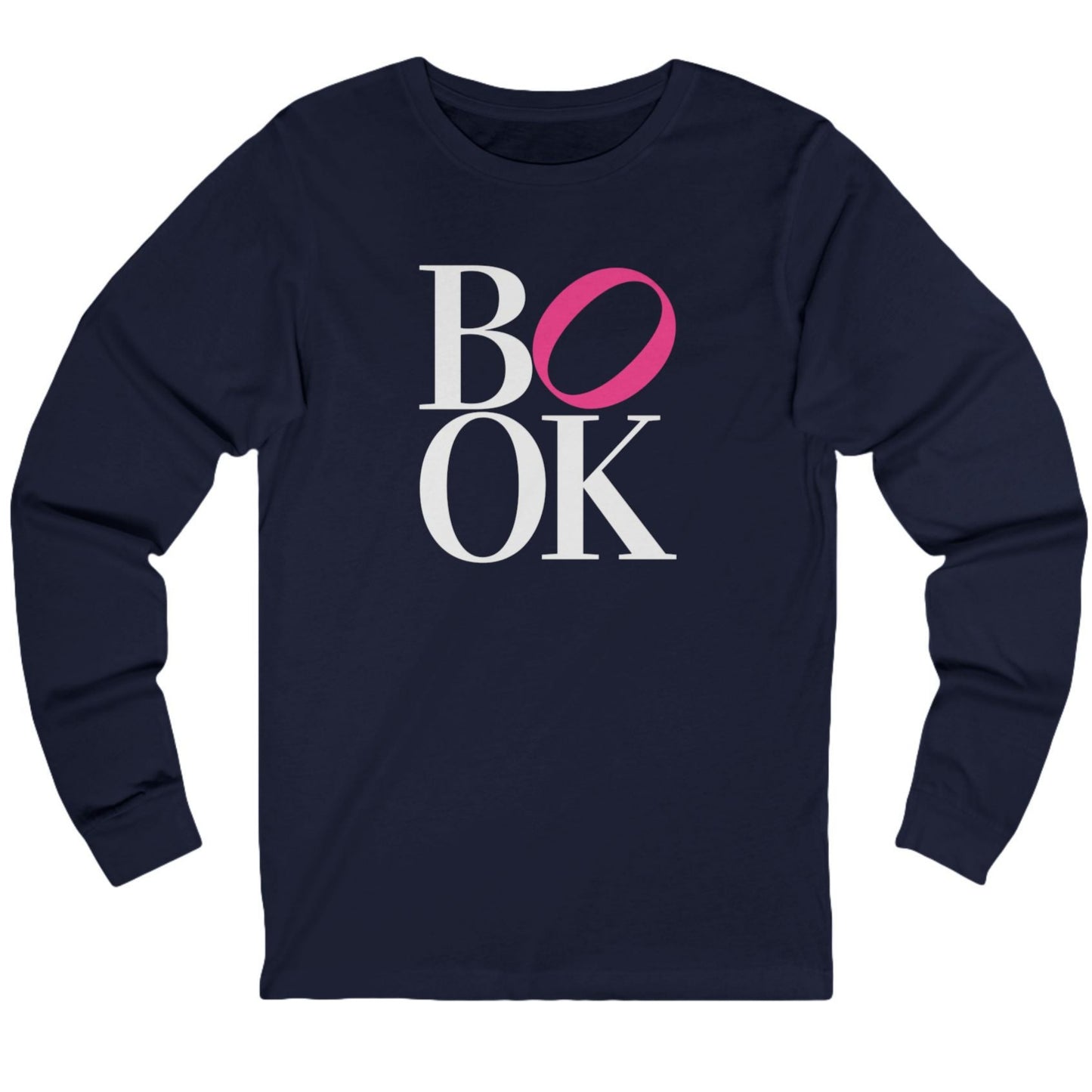 Navy blue long-sleeve shirt with 'BOOK' print on a white background