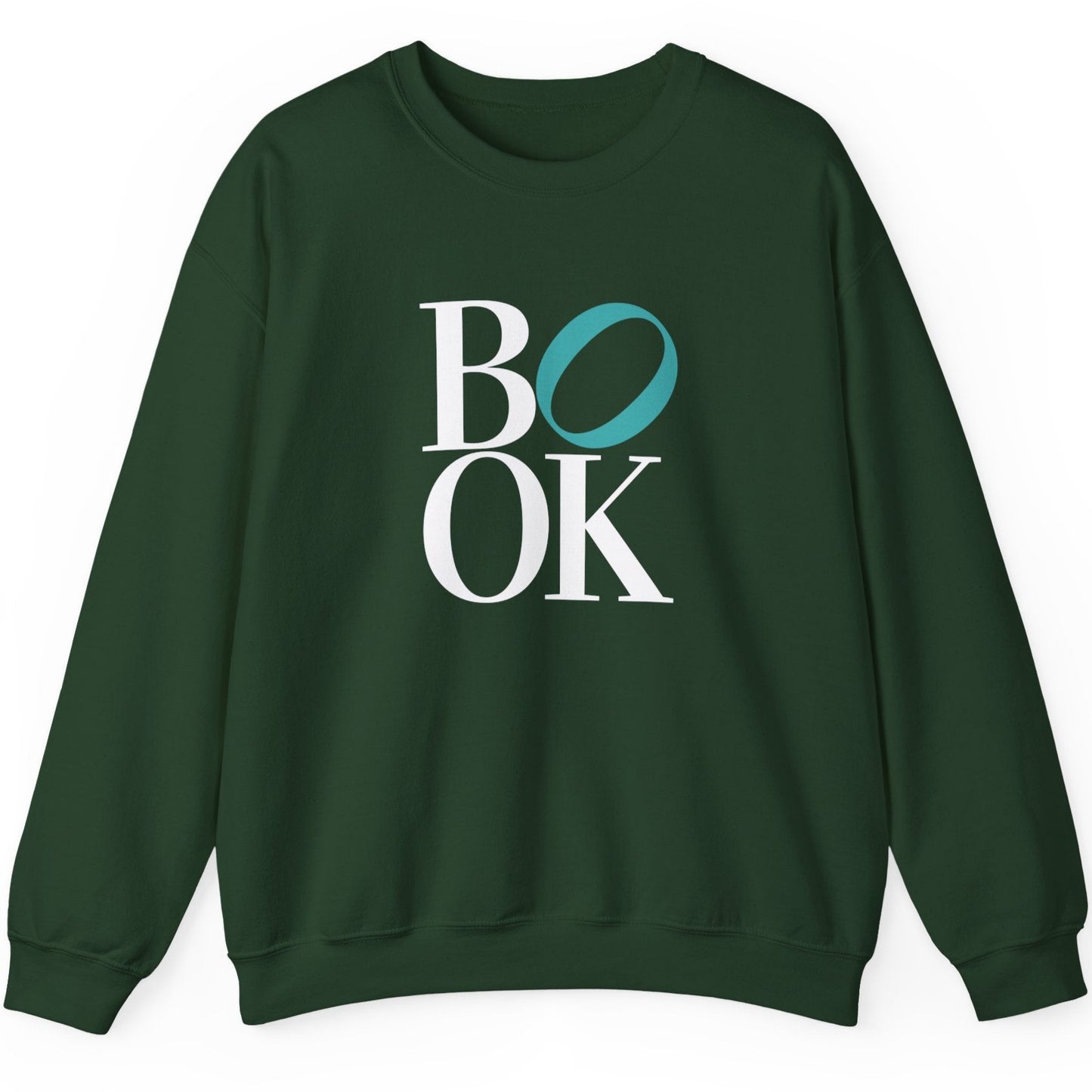 Green sweatshirt with 'BOOK' text on a white background