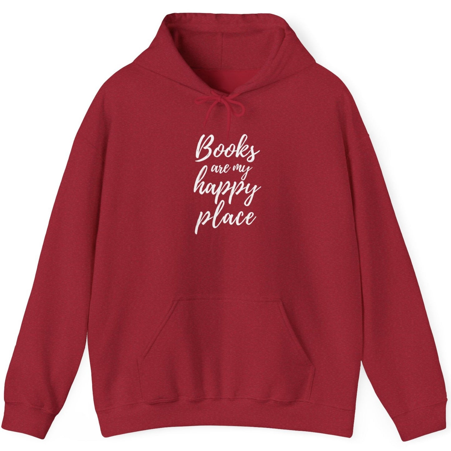 Red hoodie with 'Books are my happy place' text on a white background