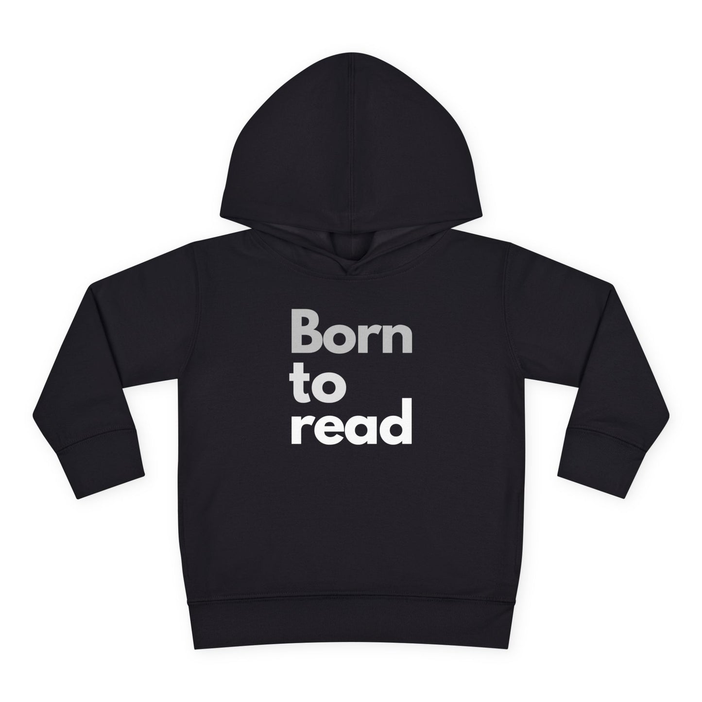 Black hoodie with 'Born to read' text on a white background