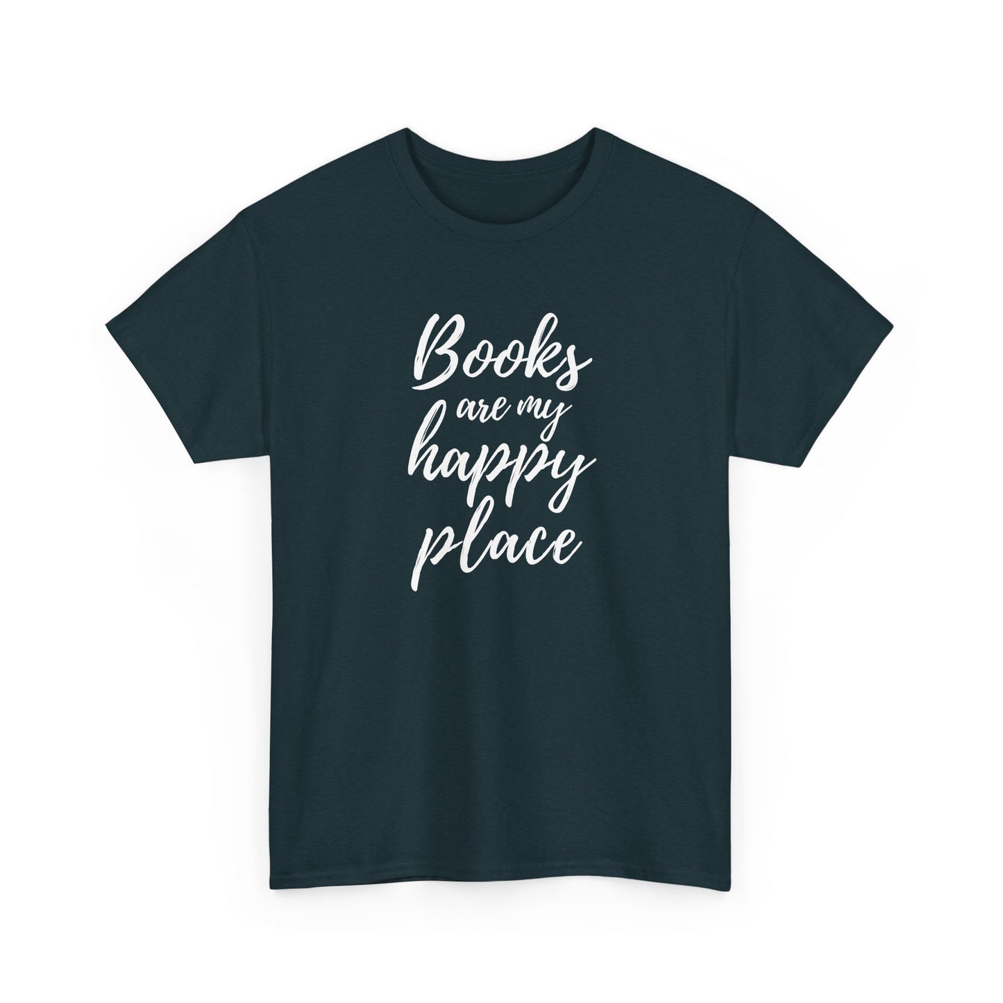 Navy blue t-shirt with 'Books are my happy place' text on a white background