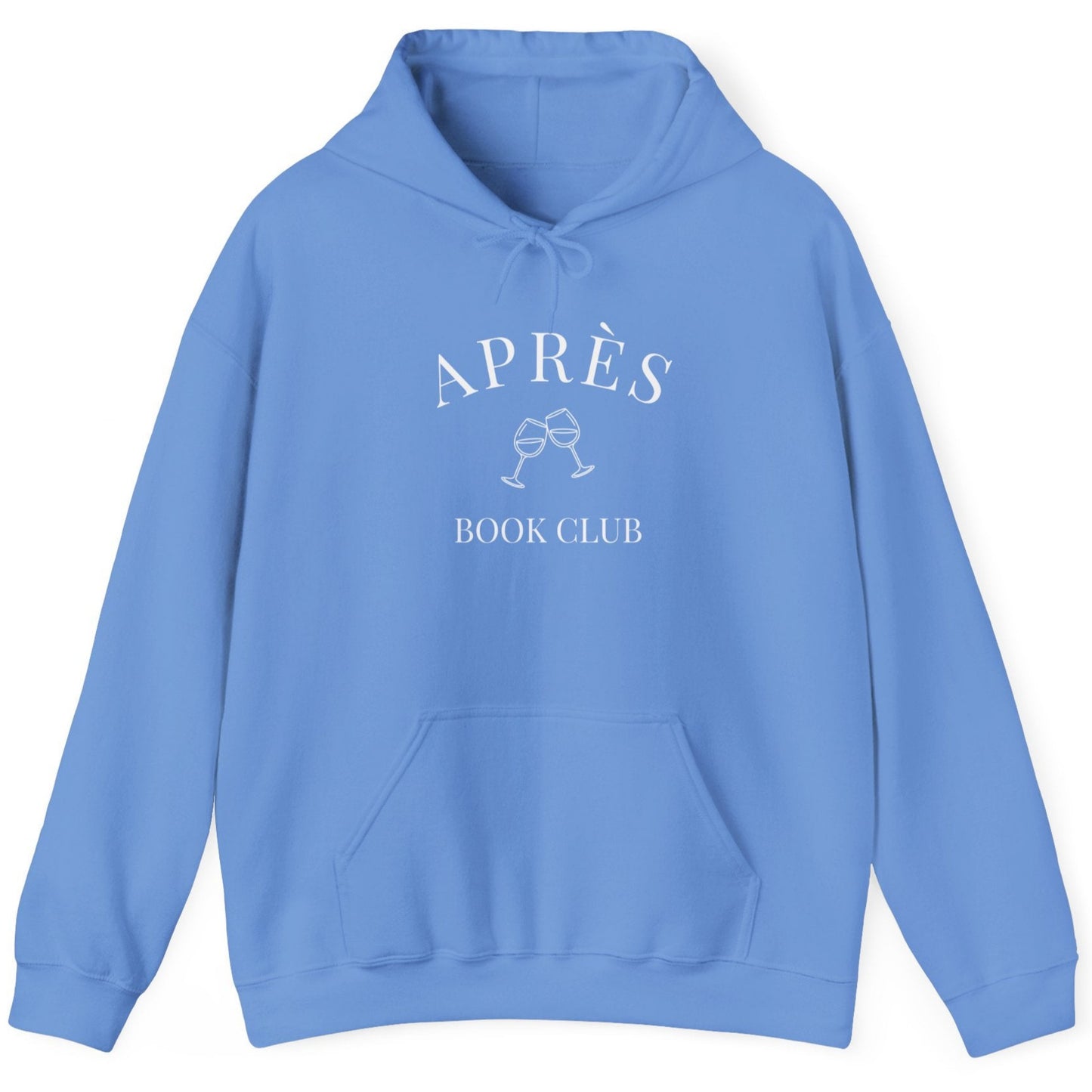 Blue hoodie with 'APRèS BOOK CLUB' text on a white background