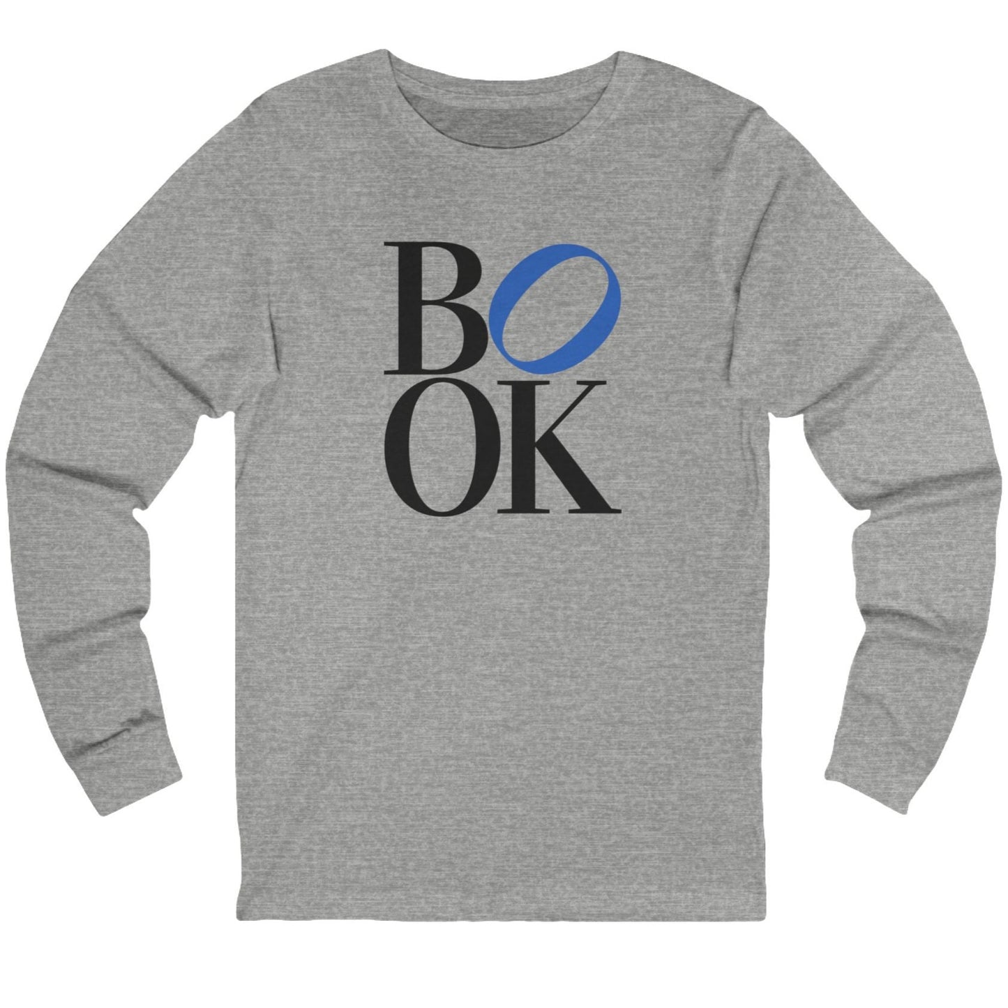 Gray long-sleeve shirt with 'BOOK' printed on it against a white background