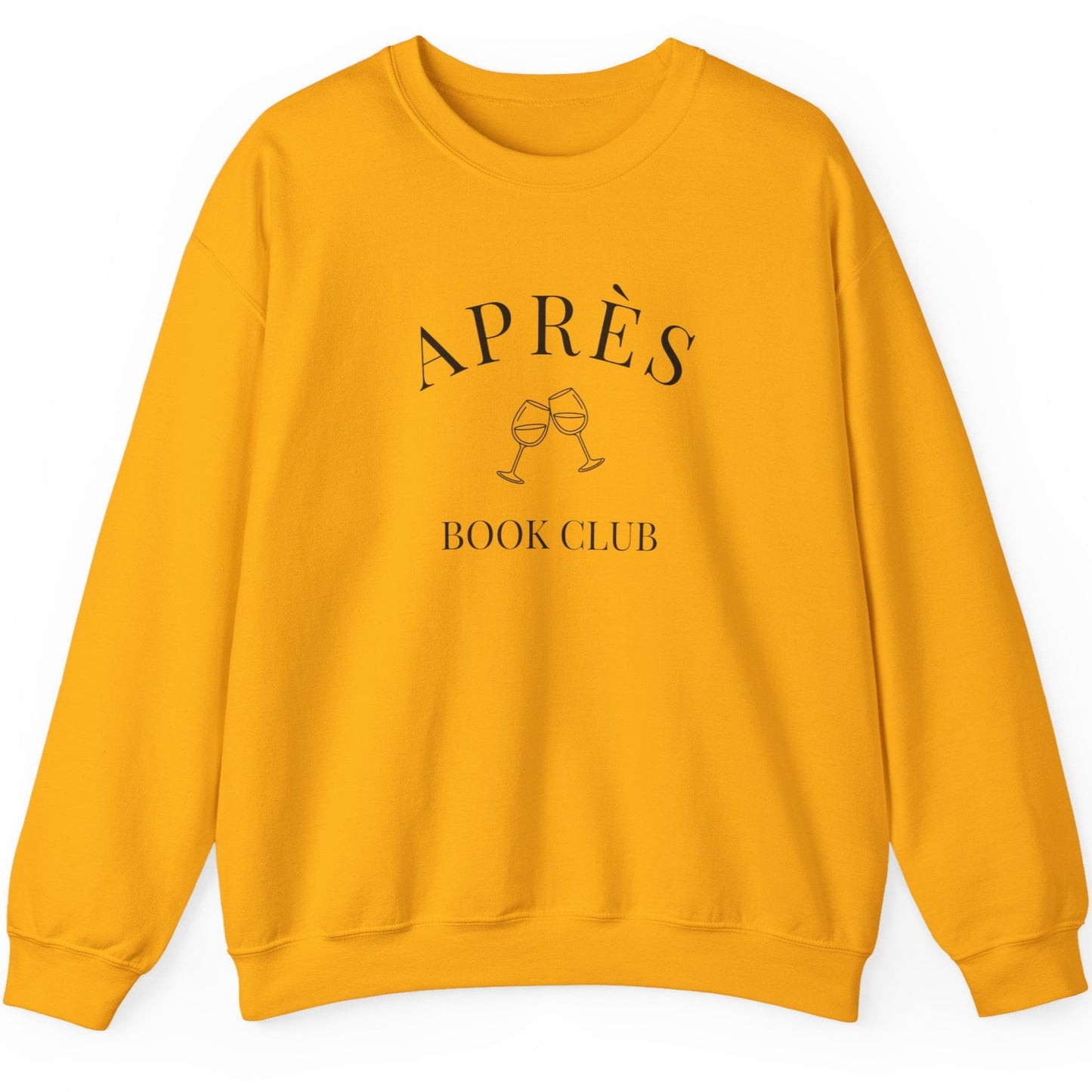 Yellow sweatshirt with 'APRèS BOOK CLUB' text on a white background