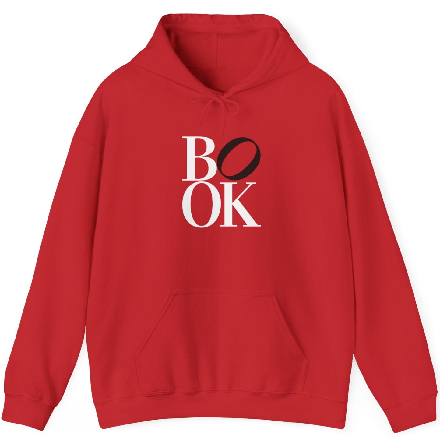 Red hoodie with 'BOOK' text on a white background