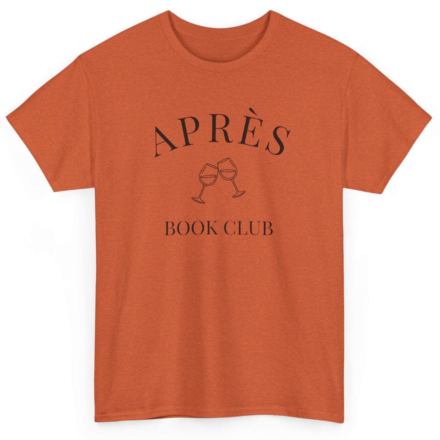 Orange t-shirt with 'APRÈS BOOK CLUB' text and wine glass graphics on a white background