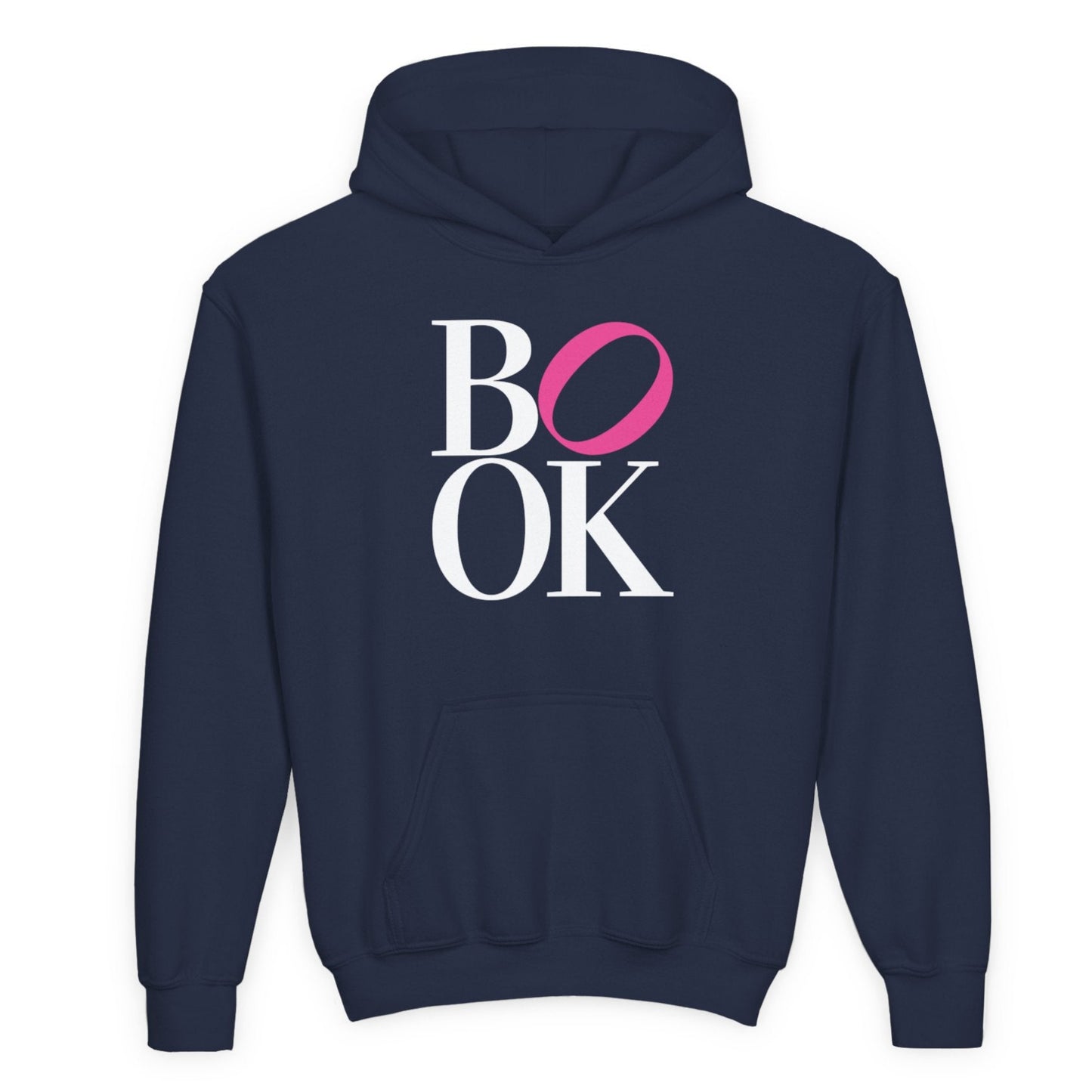 Navy blue hoodie with 'BOOK' text design on a white background