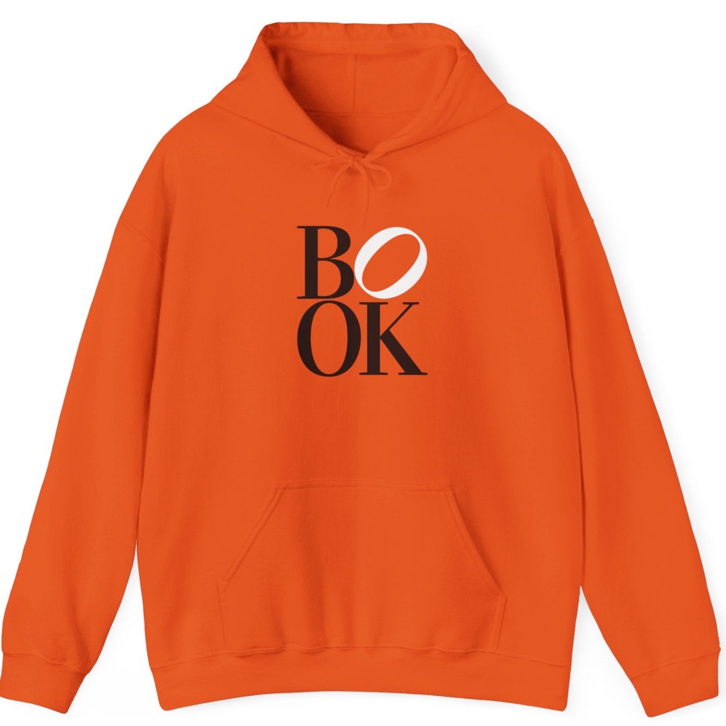Orange hoodie with 'BOOK' text on a white background