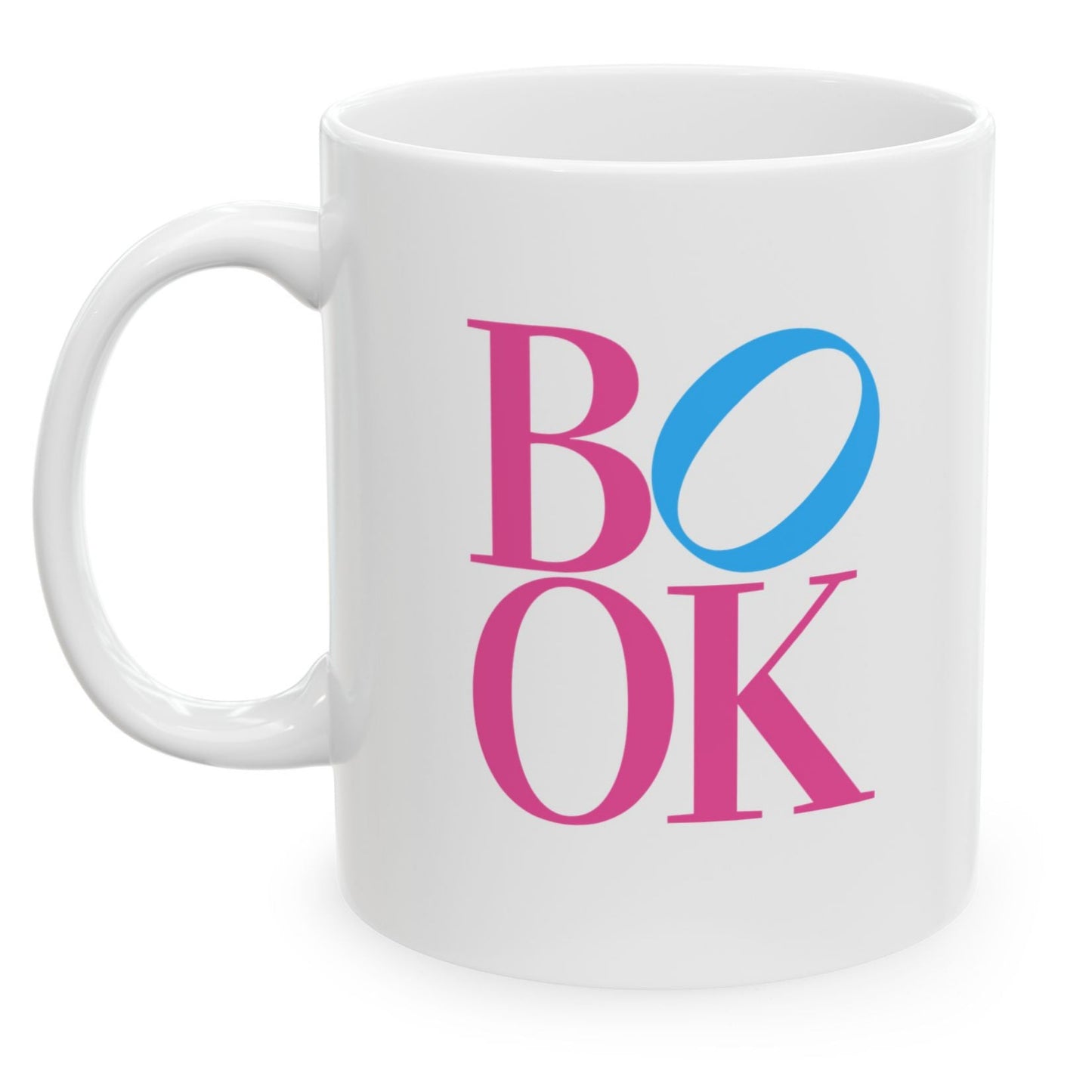 White mug with 'BOOK' in colorful letters on a white background