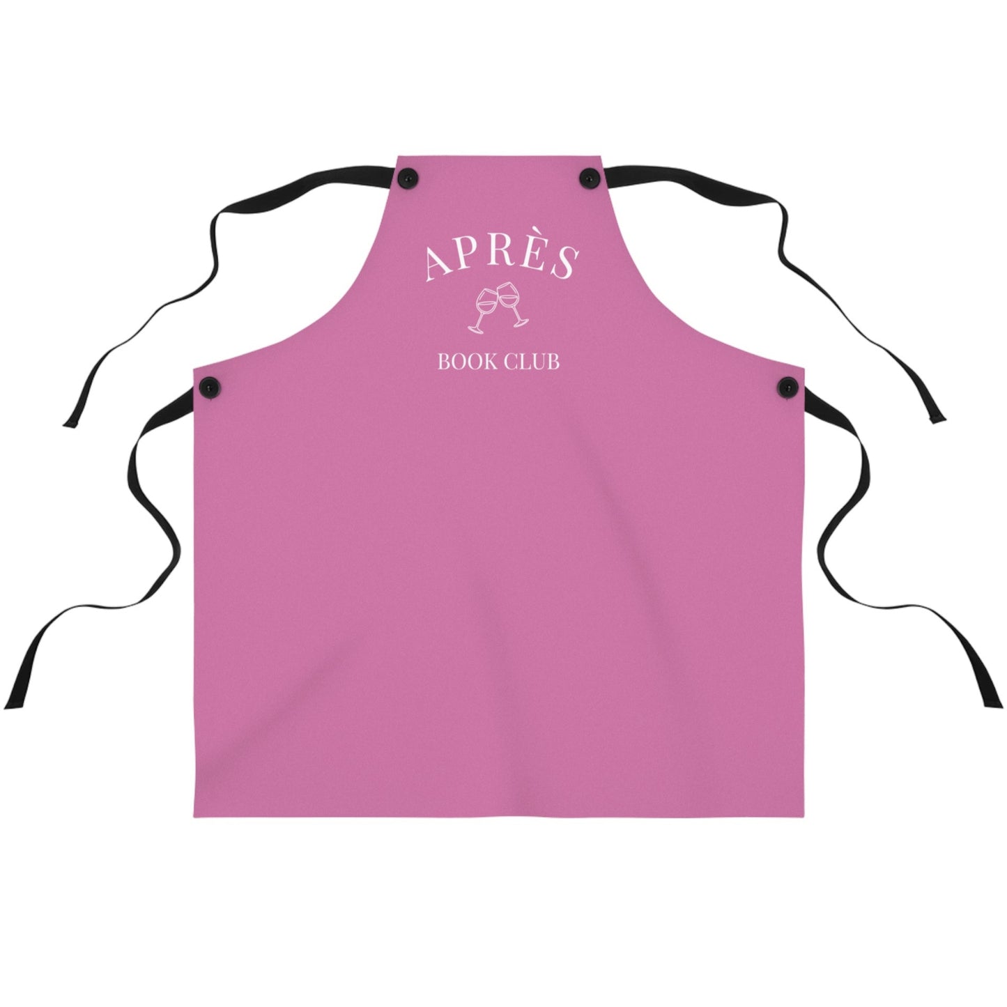 Pink apron with 'APRÈS BOOK CLUB' text on a white background