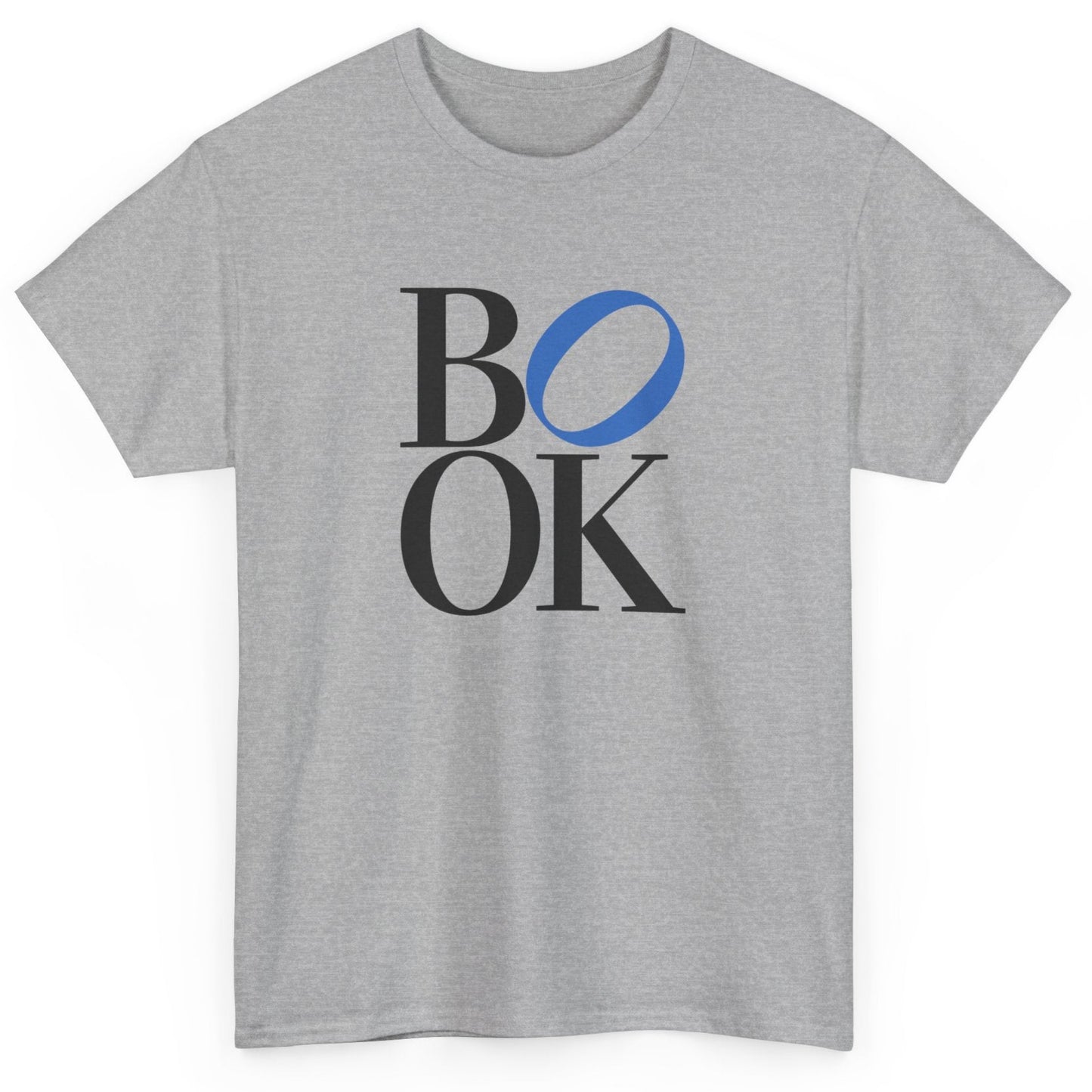 Gray t-shirt with 'BOOK' text design on a white background