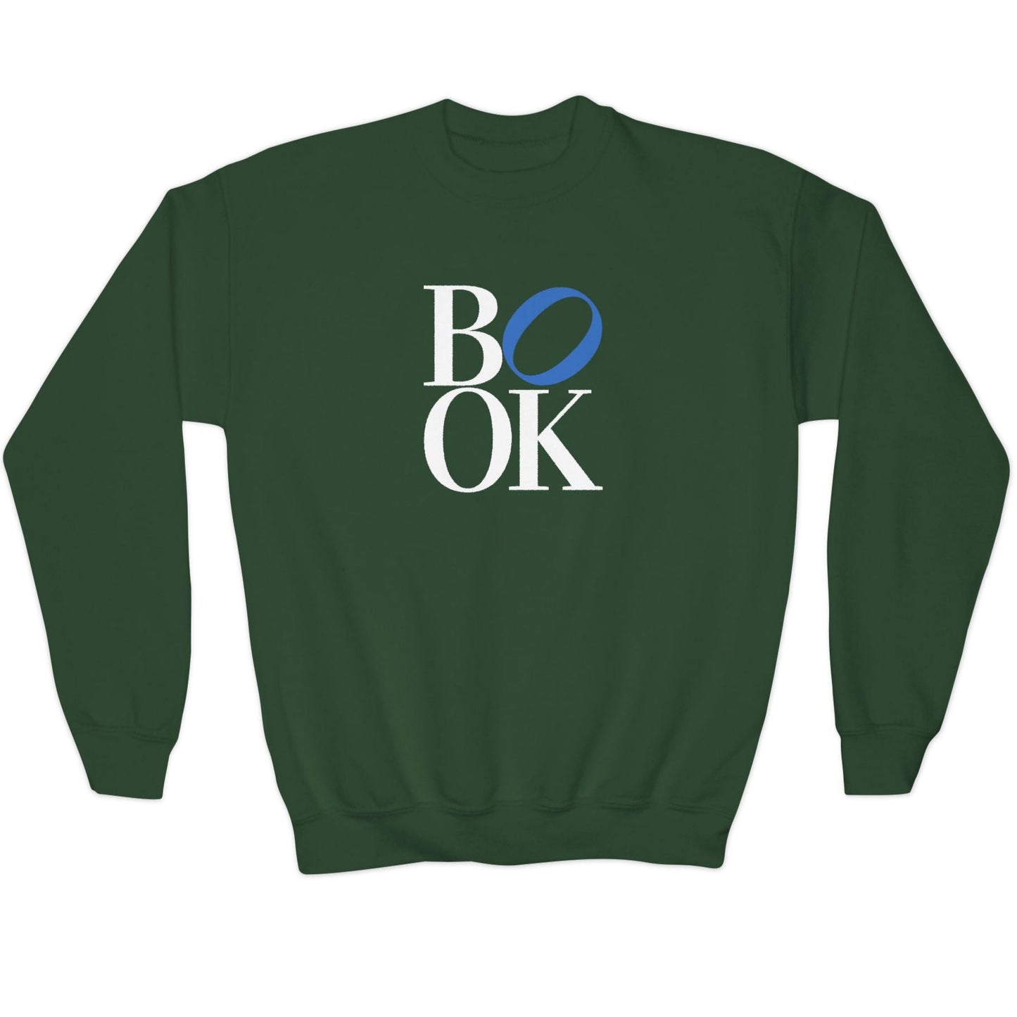 Green sweatshirt with 'BOOK' printed on the back against a white background