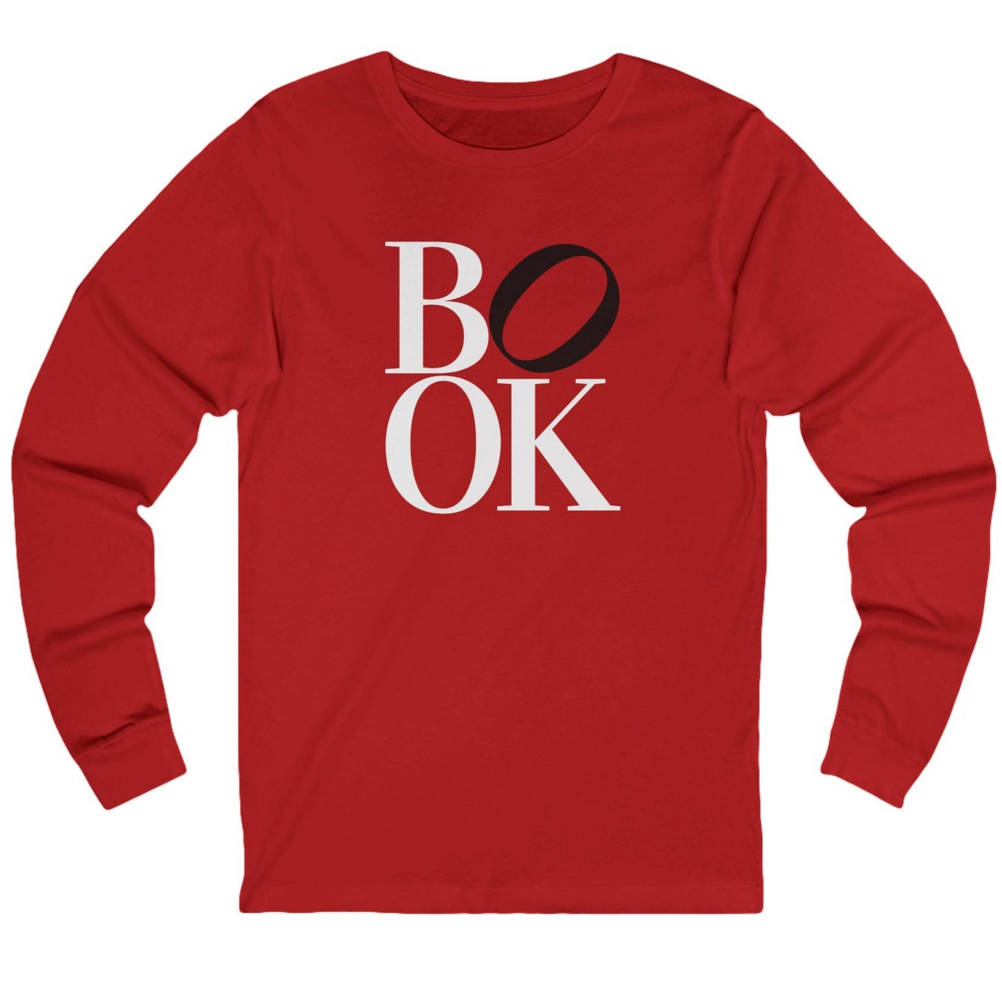 Red long-sleeve shirt with 'BOOK' print on a white background