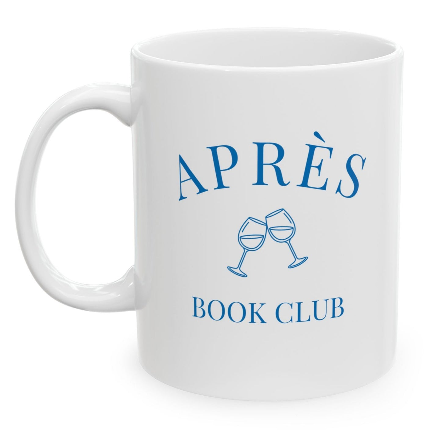 White mug with blue text and wine glass graphics on a white background