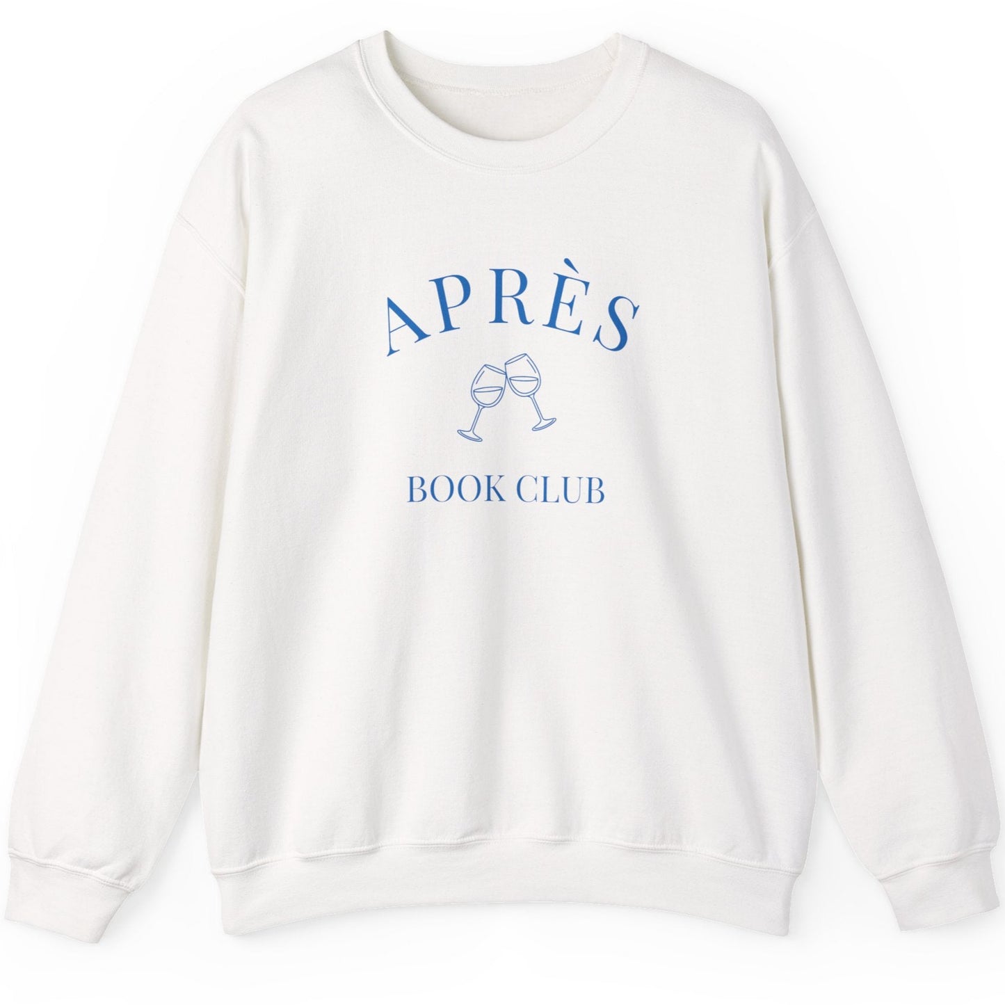 White sweatshirt with 'APRèS BOOK CLUB' text and graphic on a white background