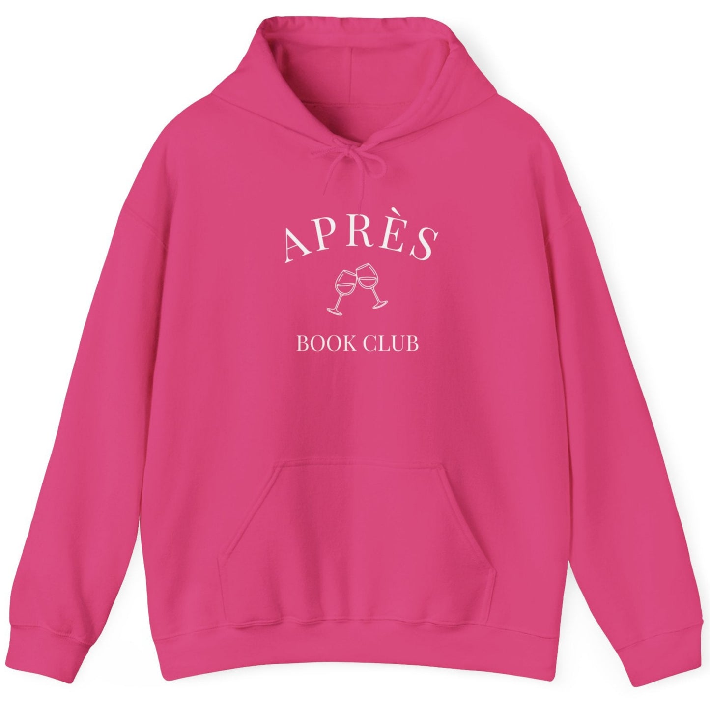 Pink hoodie with 'APRÈS BOOK CLUB' text and graphic on a white background