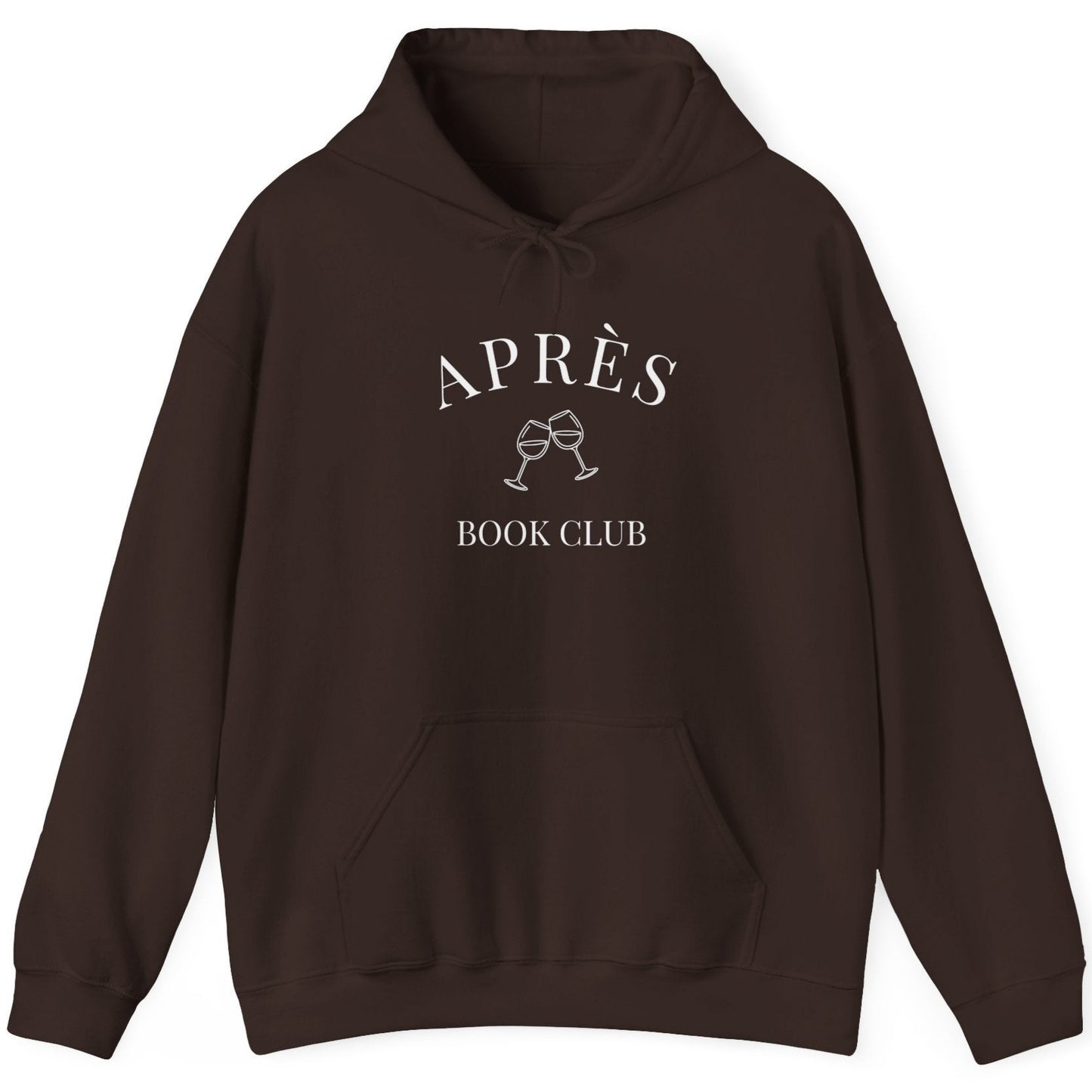 Brown hoodie with 'APRèS BOOK CLUB' text and graphic on a white background