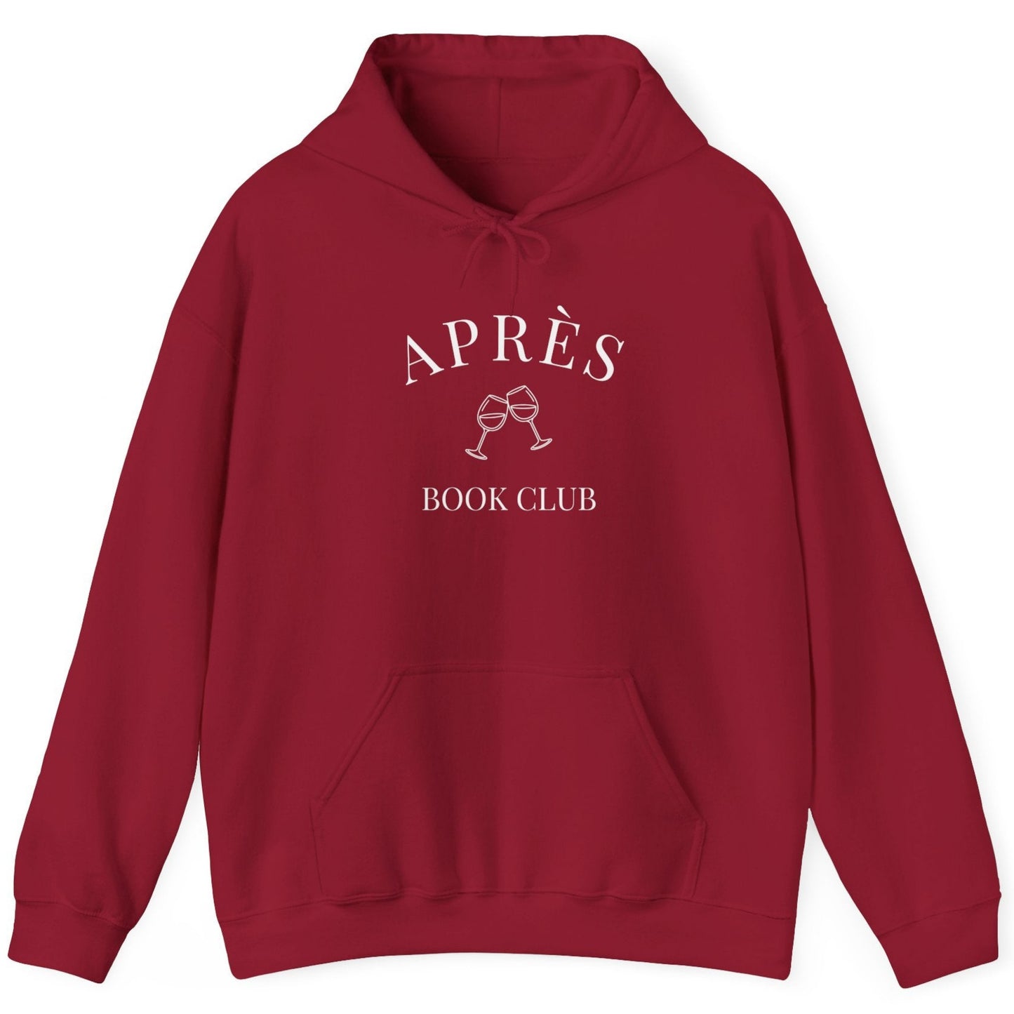 Red hoodie with 'APRèS BOOK CLUB' text and graphic on a white background