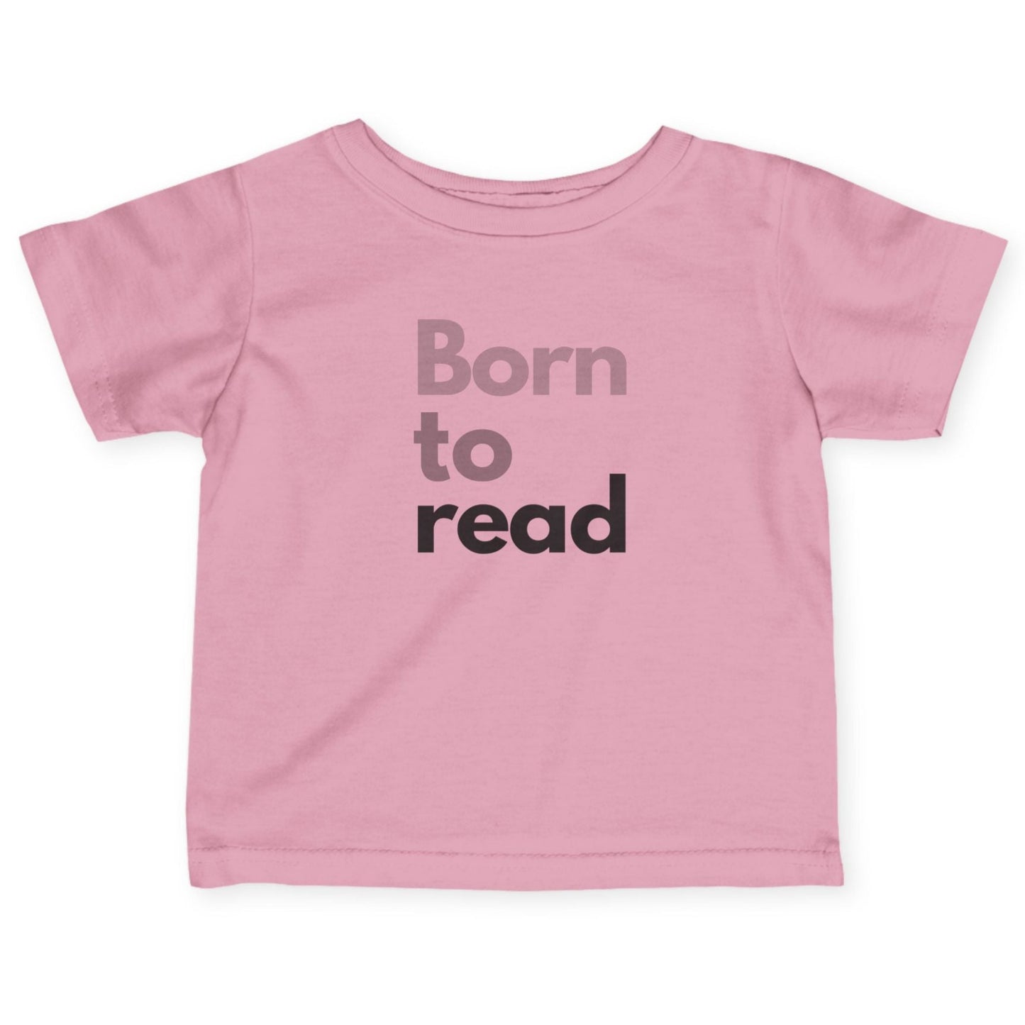 Pink t-shirt with 'Born to read' text on a white background