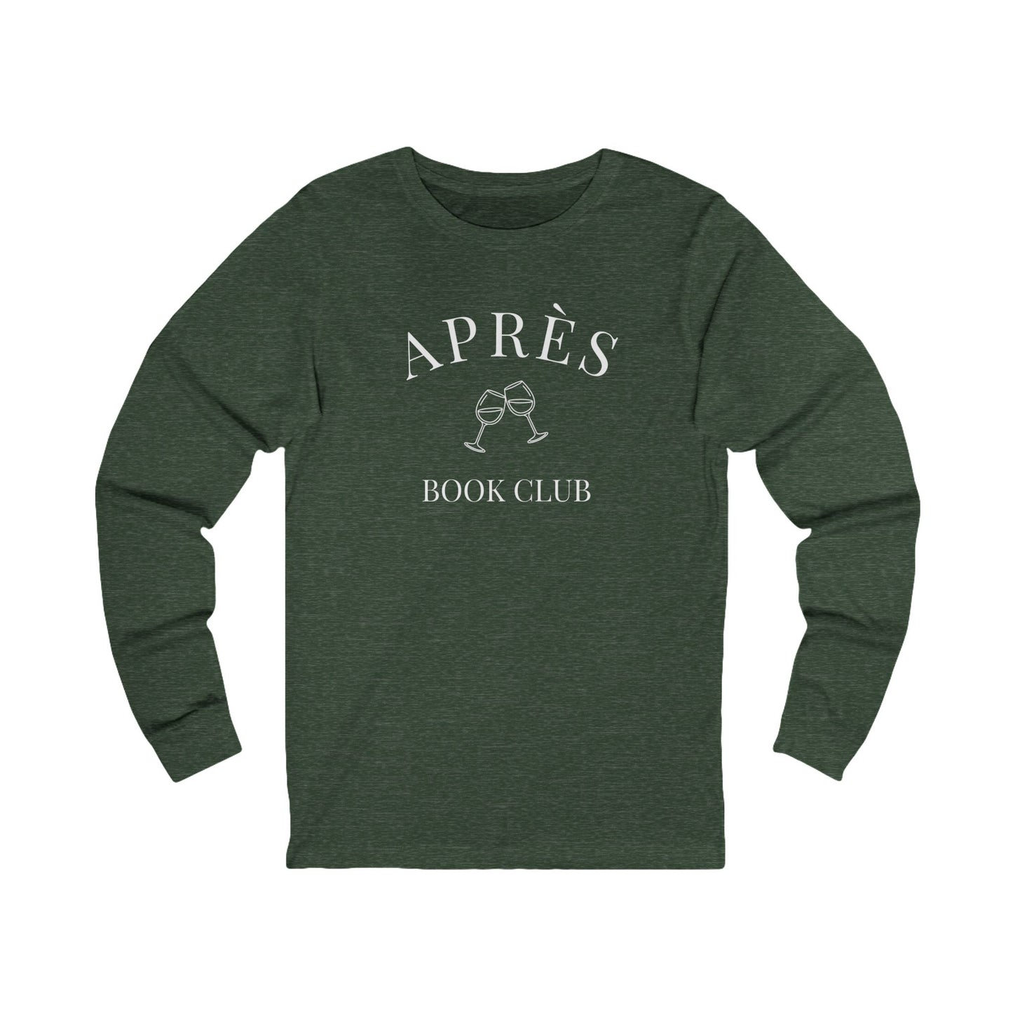Green long-sleeve shirt with 'Apres Book Club' text and wine glass graphics on a white background