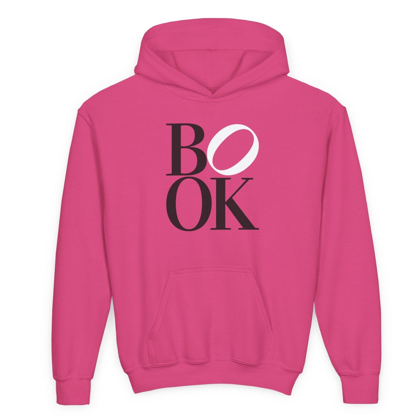 Pink hoodie with 'BOOK' text on a white background