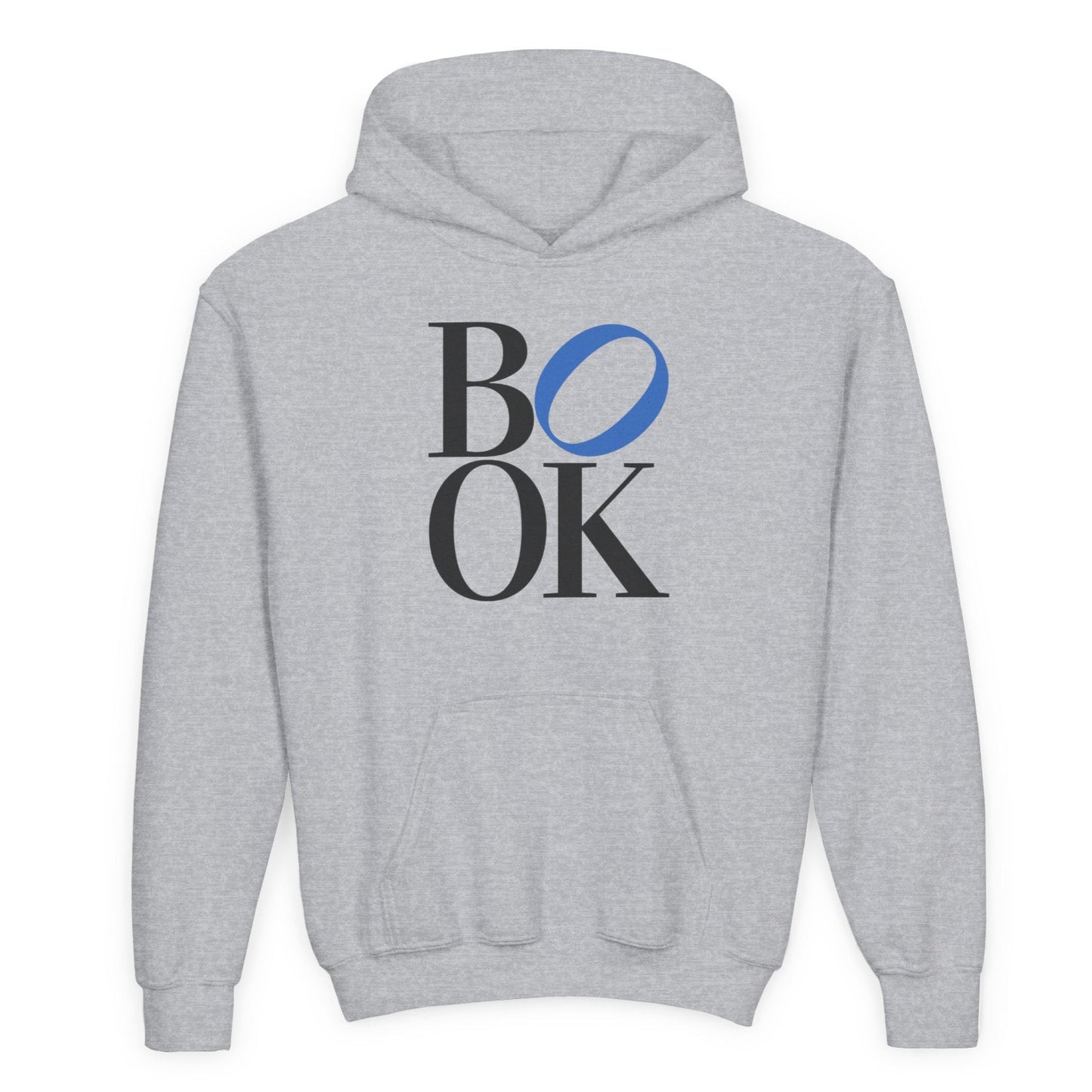 Gray hoodie with 'BOOK' text on a white background