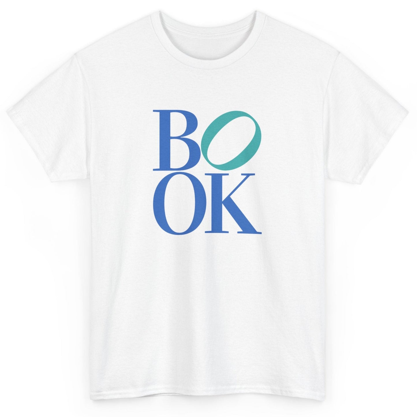 White t-shirt with 'BOOK' printed in blue and green on a white background