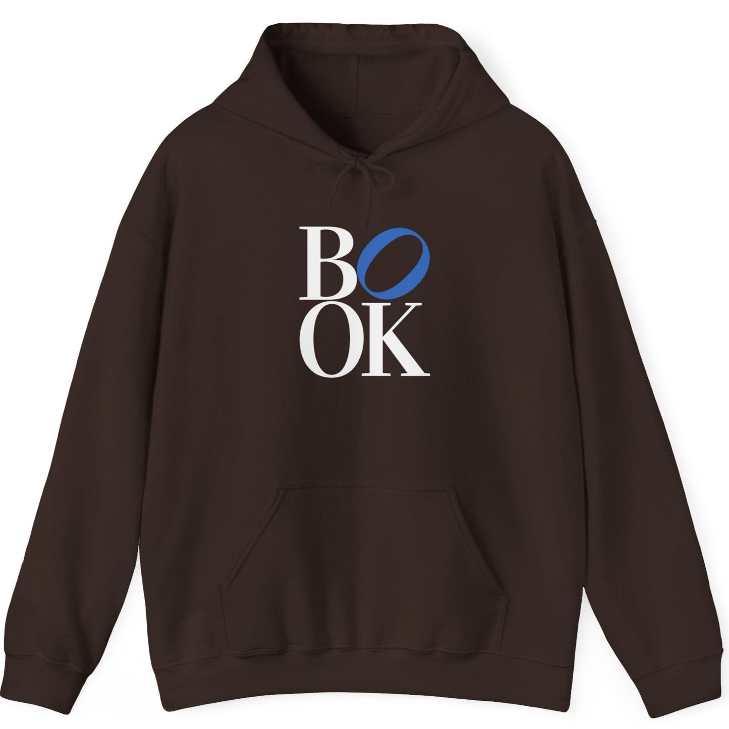 Brown hoodie with 'BOOK' text on a white background