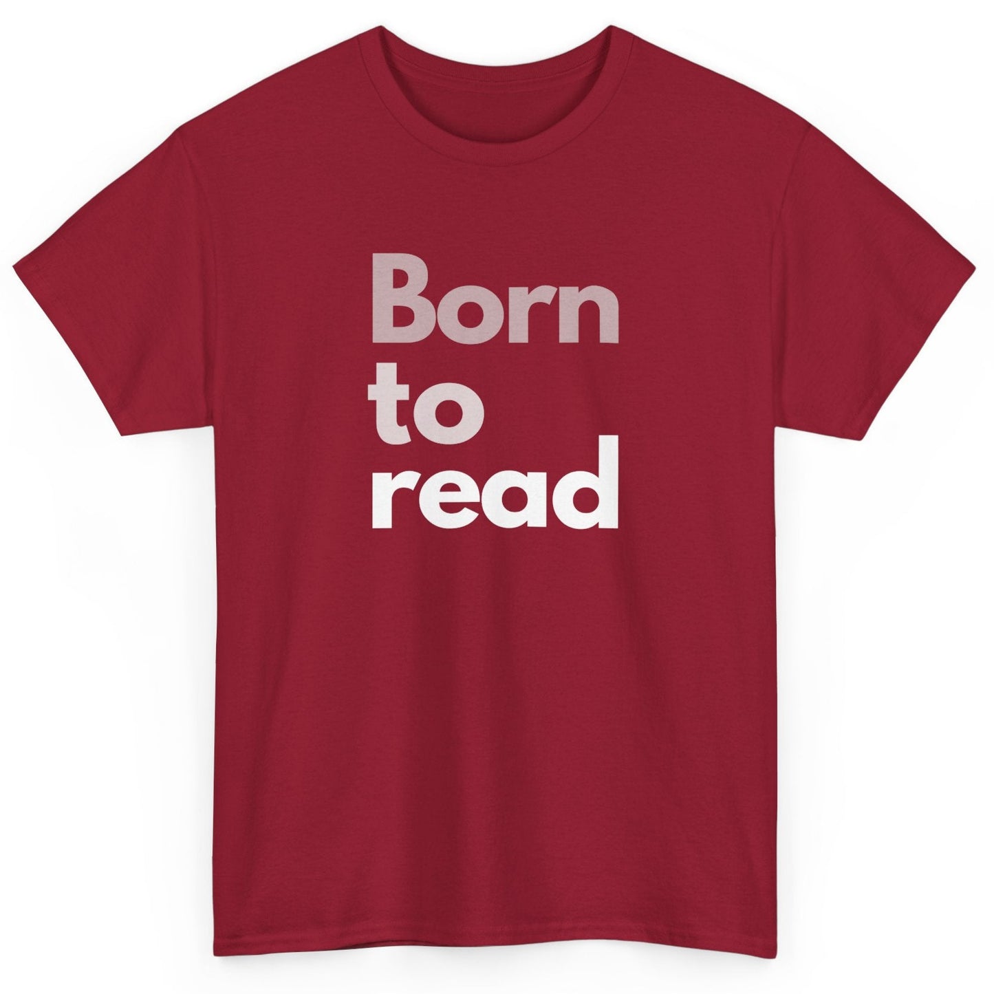 Red t-shirt with 'Born to read' text on a white background