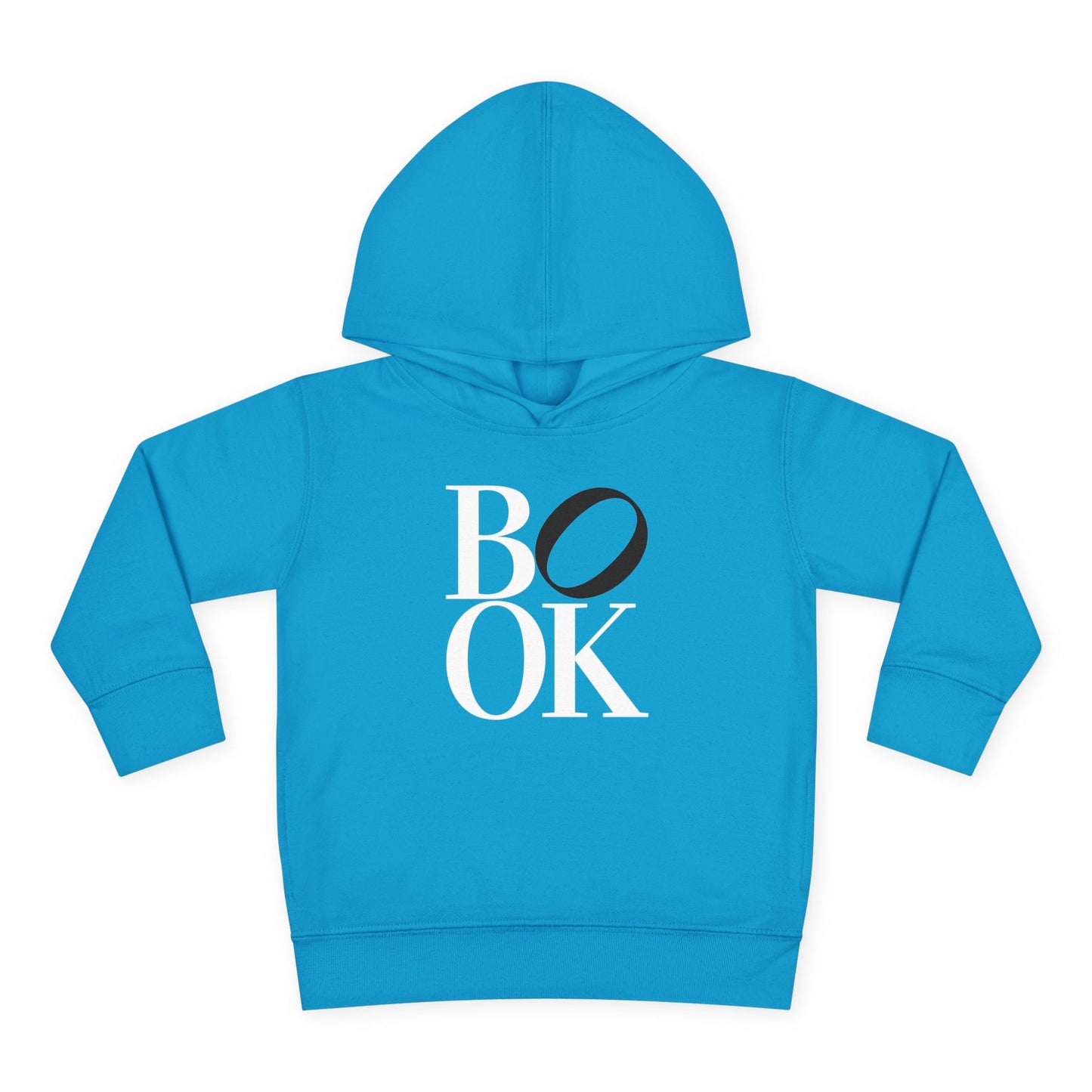 Blue hoodie with 'BOOK' printed on it against a white background
