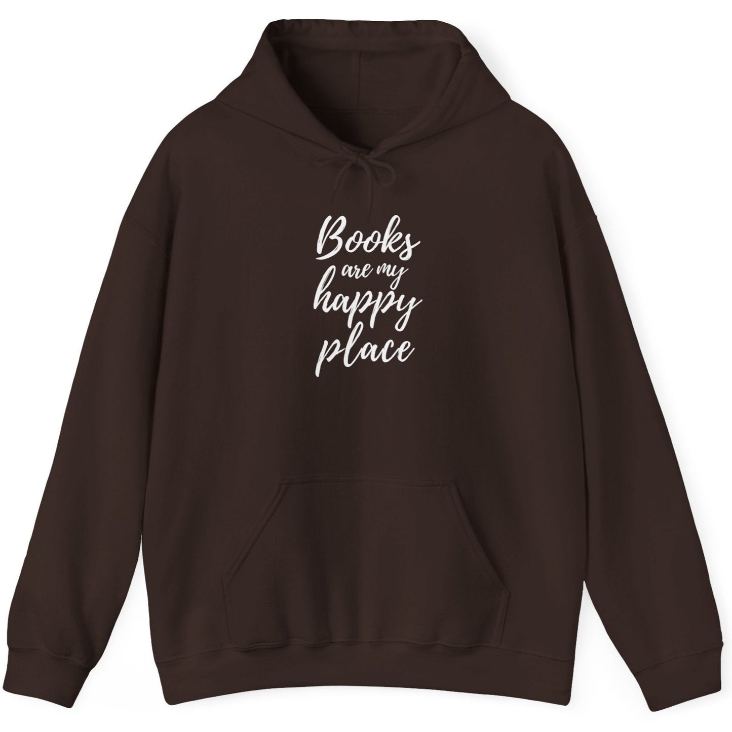 Brown hoodie with 'Books are my happy place' text on a white background