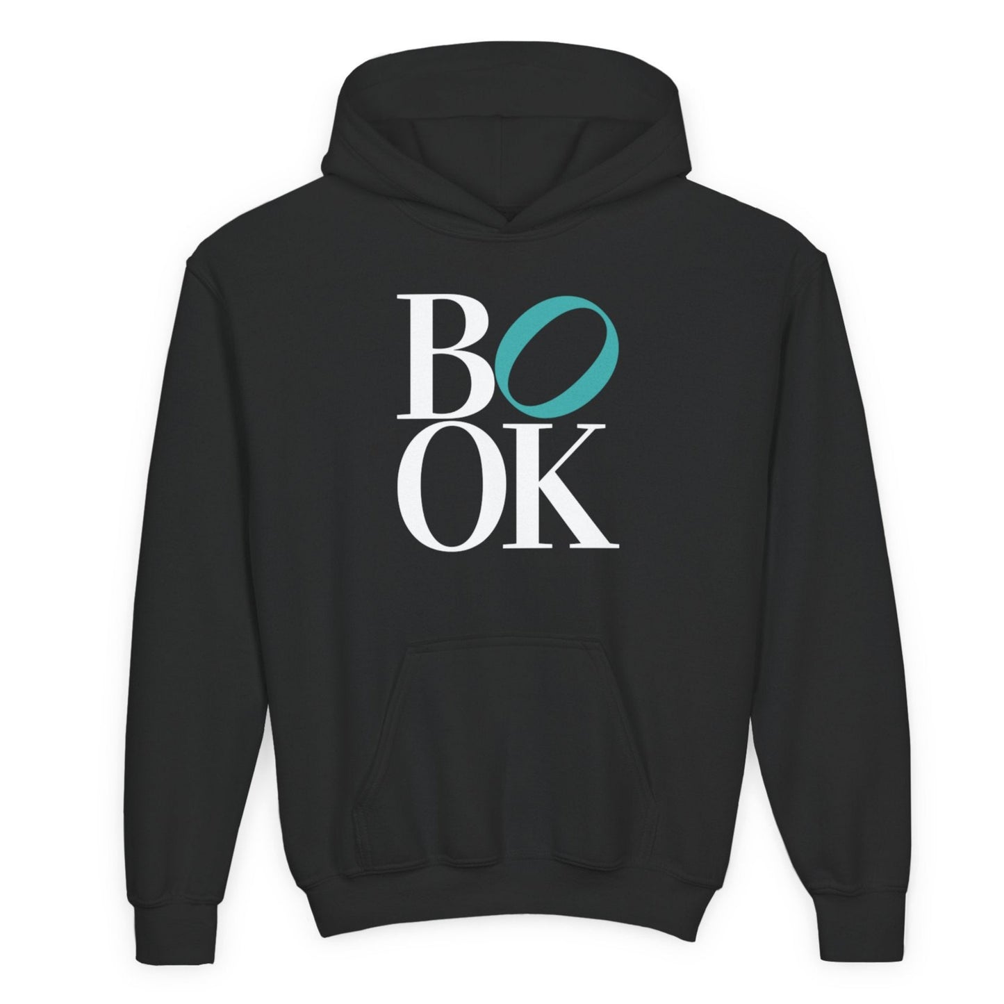 Black hoodie with 'BOOK' text on a white background