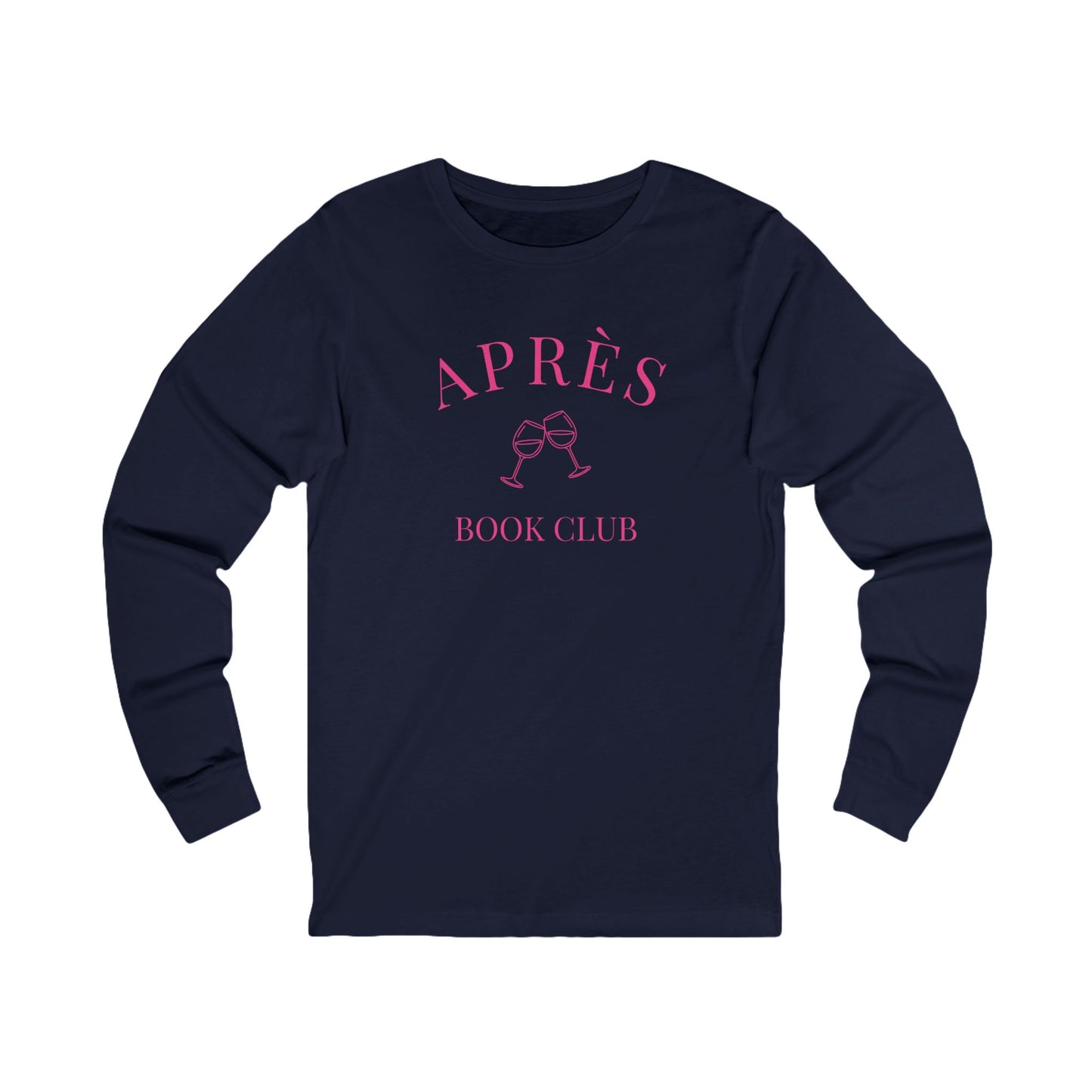 Navy blue long-sleeve shirt with pink 'APRèS BOOK CLUB' text and wine glass graphic on a white background