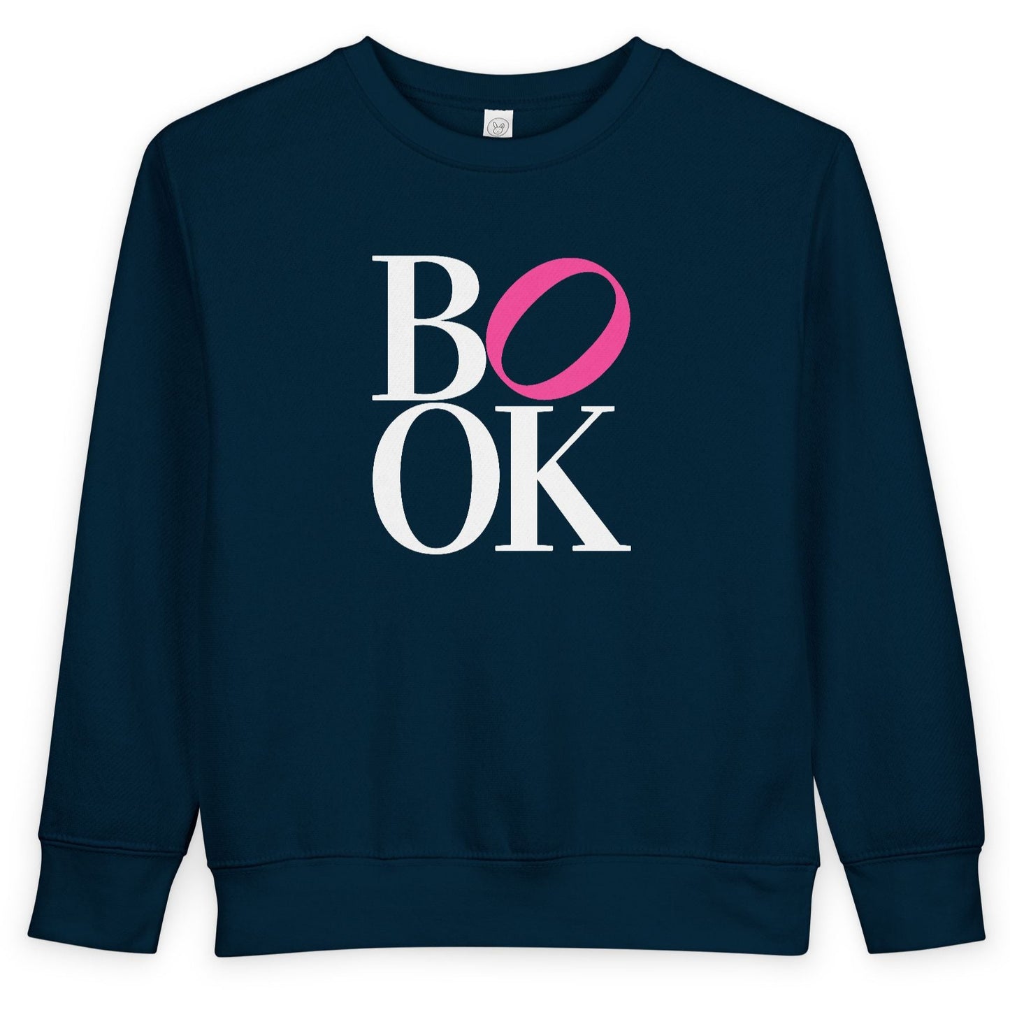 Navy blue sweatshirt with 'BOOK' printed on it, featuring a pink circle in the 'O'.