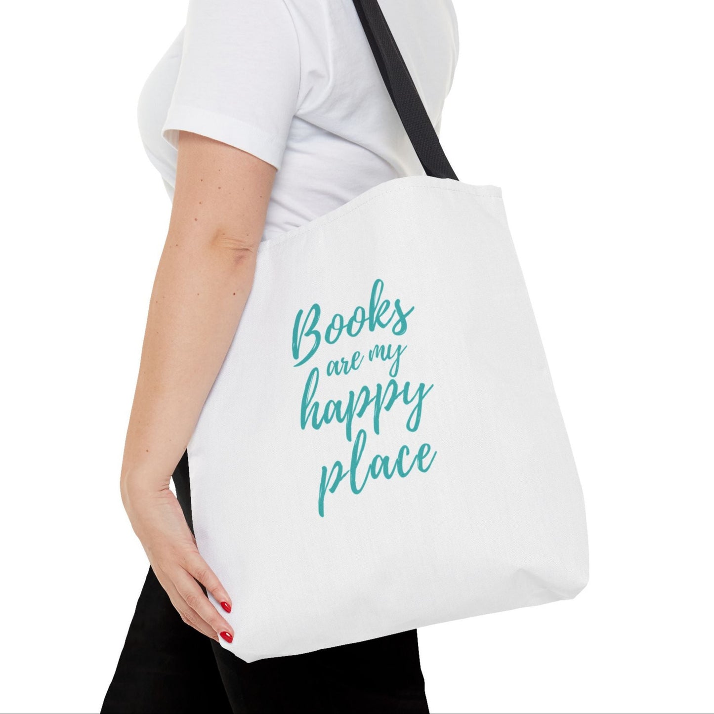 A white tote bag with a teal vertical stripe and an illustration of a person reading a book, featuring a black handle.