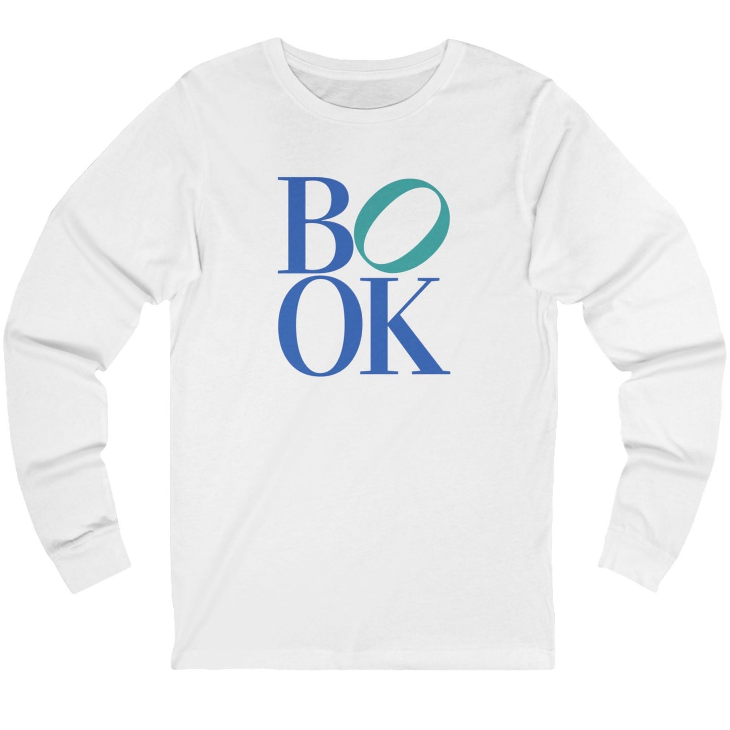 White long-sleeve shirt with 'BOOK' text in blue and green on a white background