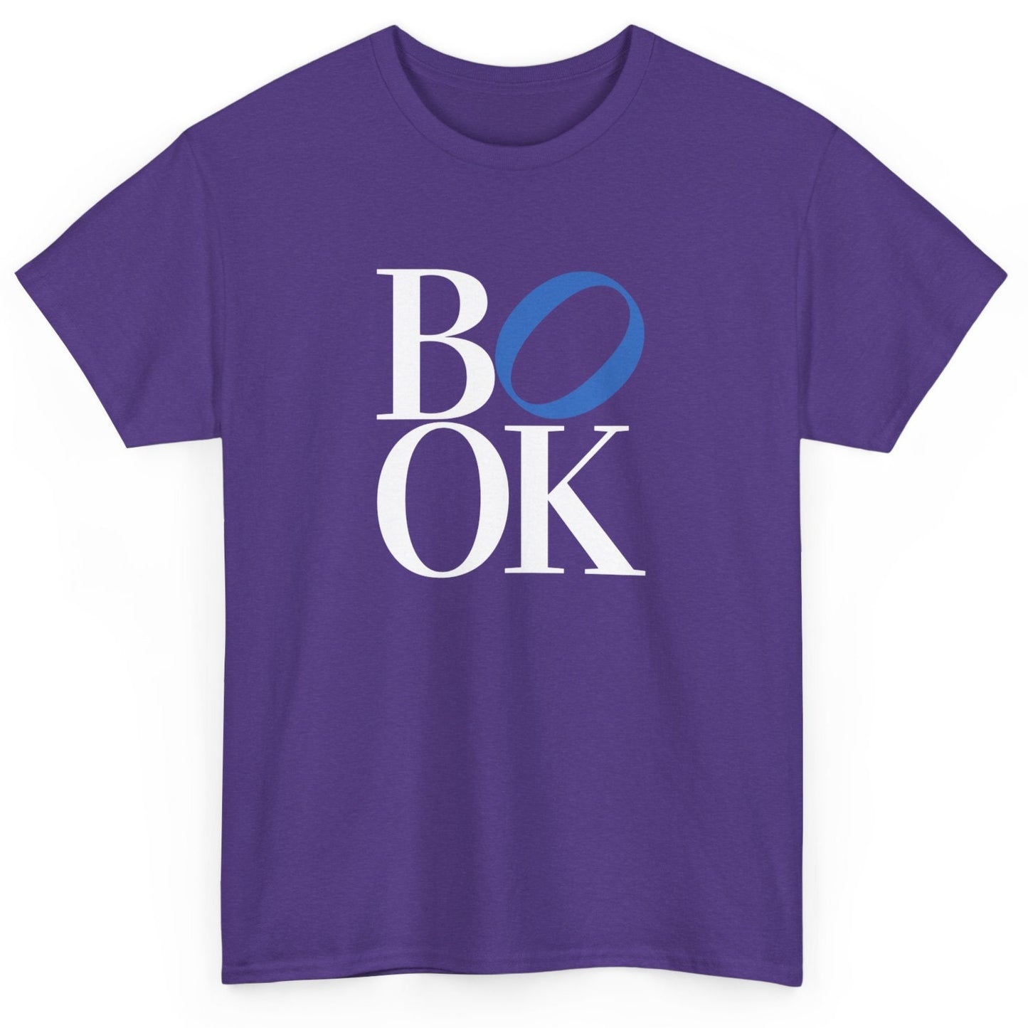 Purple t-shirt with 'BOOK' text design on a white background