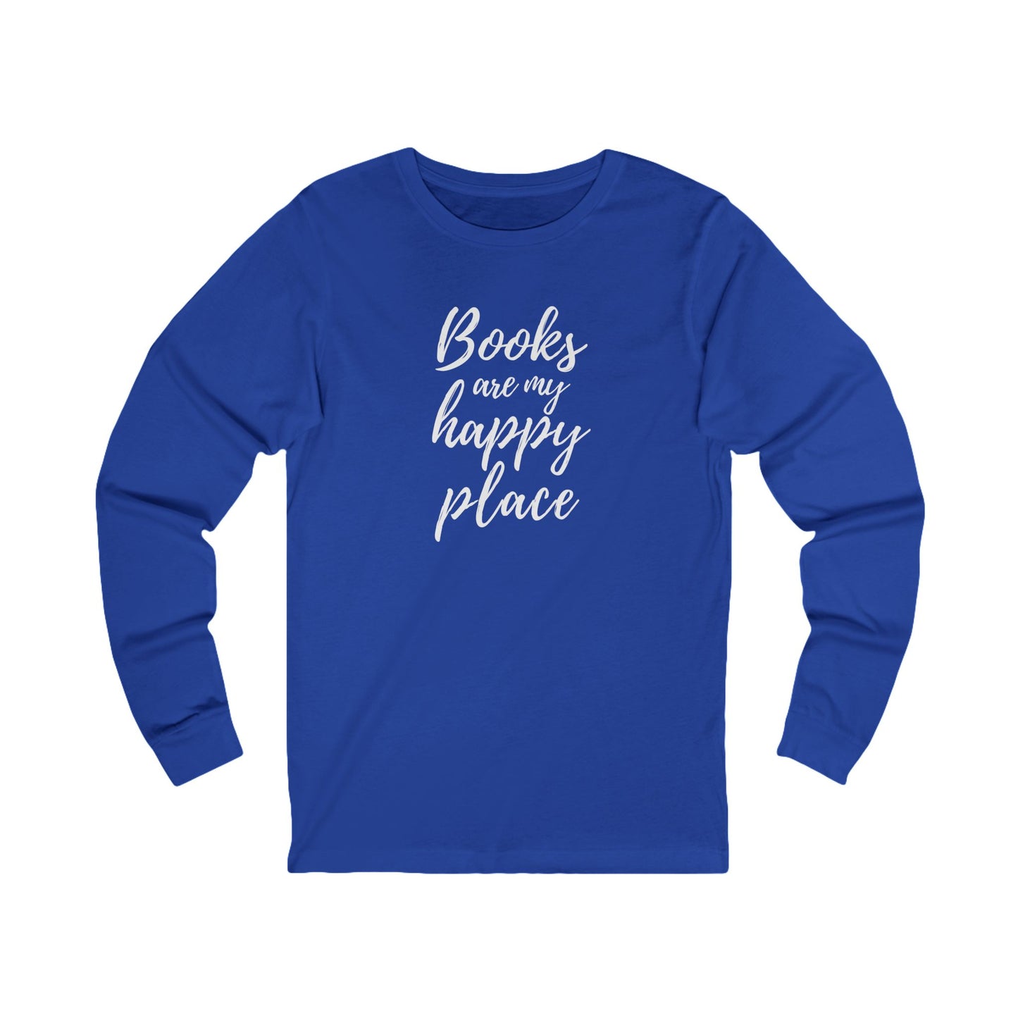 Blue long-sleeve shirt with 'Books are my happy place' text on a white background