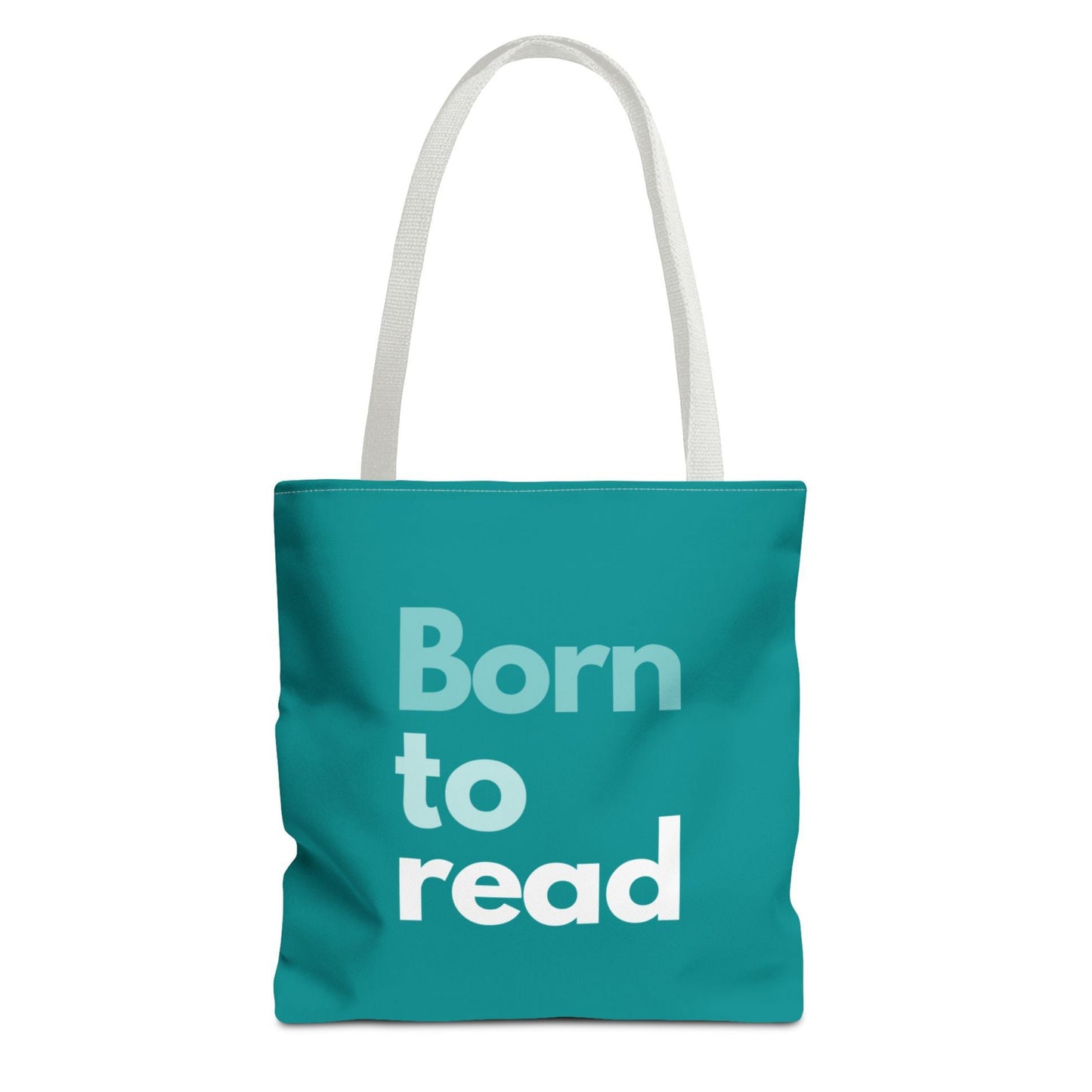 Teal tote bag with 'Born to read' text on a white background