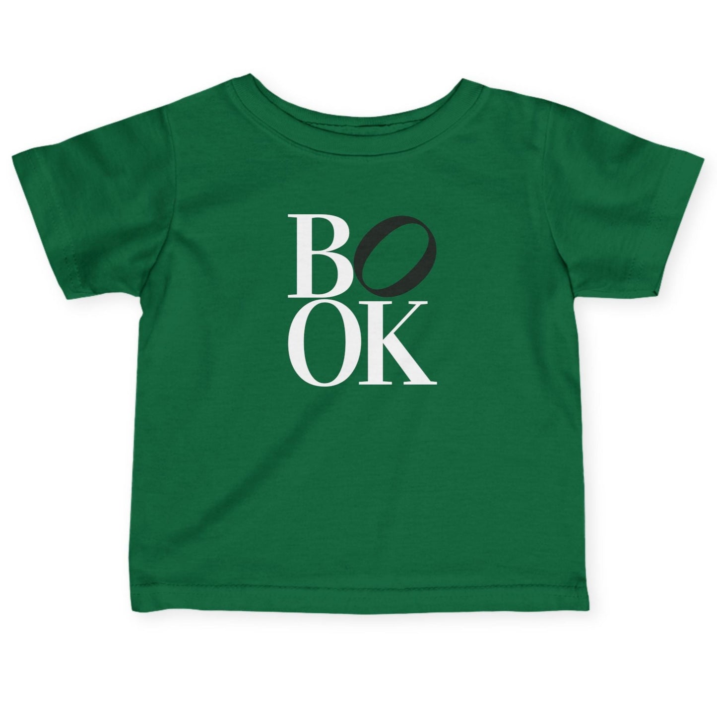 Green t-shirt with 'BOOK' printed on it against a white background