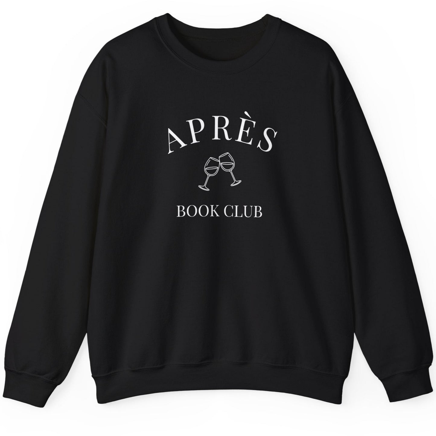 Black sweatshirt with 'APRèS BOOK CLUB' text and graphic on a white background