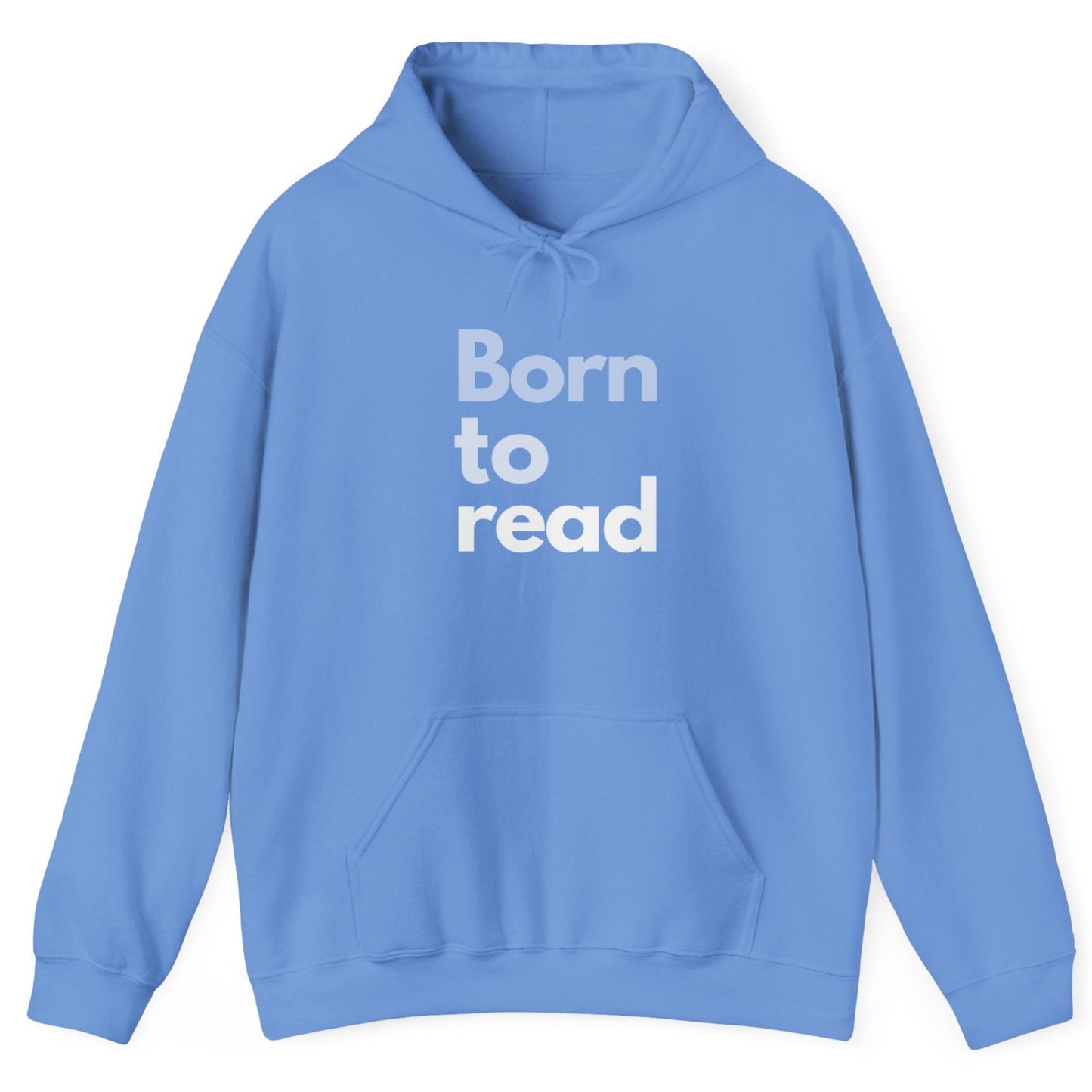 Blue hoodie with 'Born to read' text on a white background