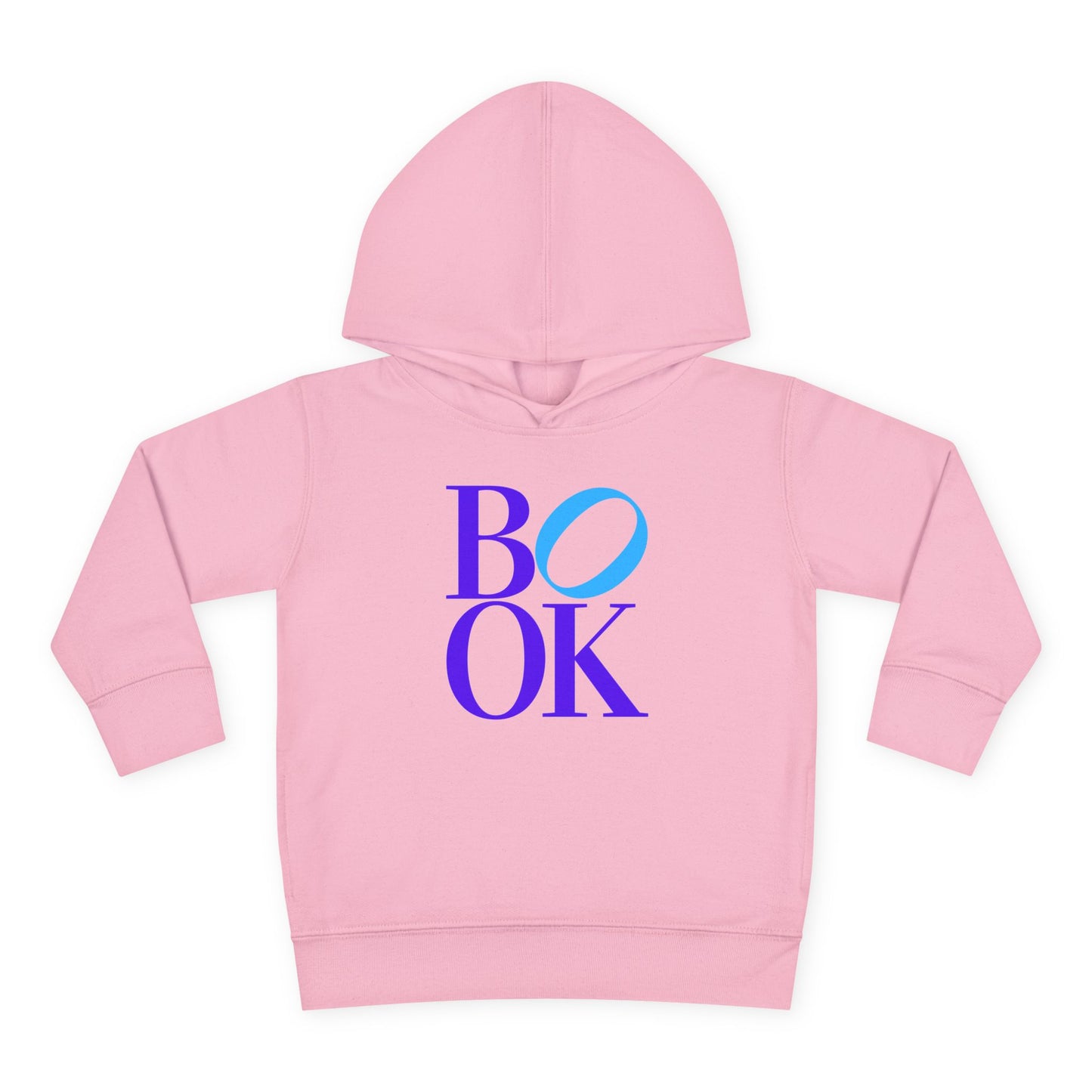 Pink hoodie with 'BOOK' text in colorful letters on a white background