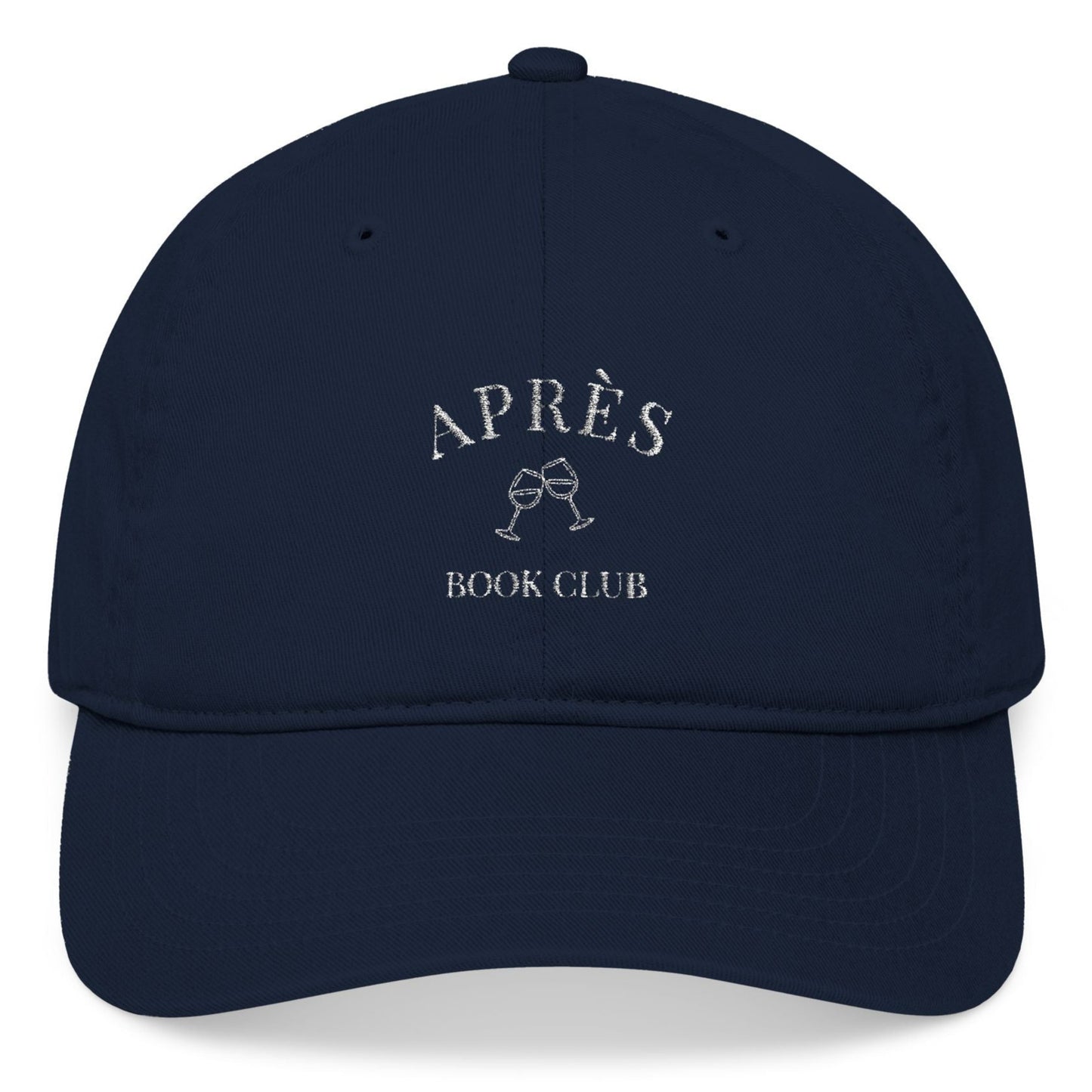 Navy blue cap with 'APRÈS BOOK CLUB' text on a white background