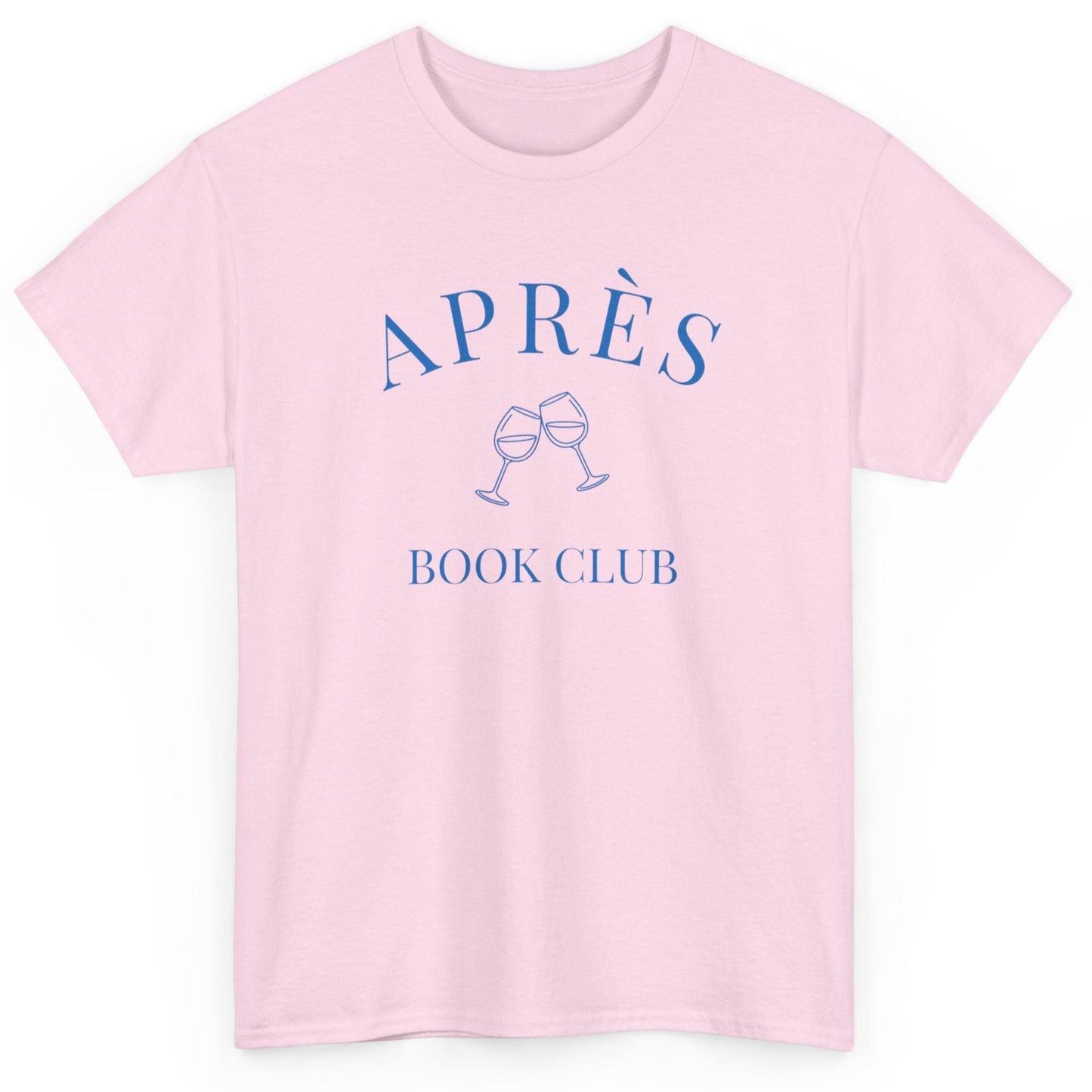 Pink t-shirt with 'APRÈS BOOK CLUB' text and wine glass graphics on a white background