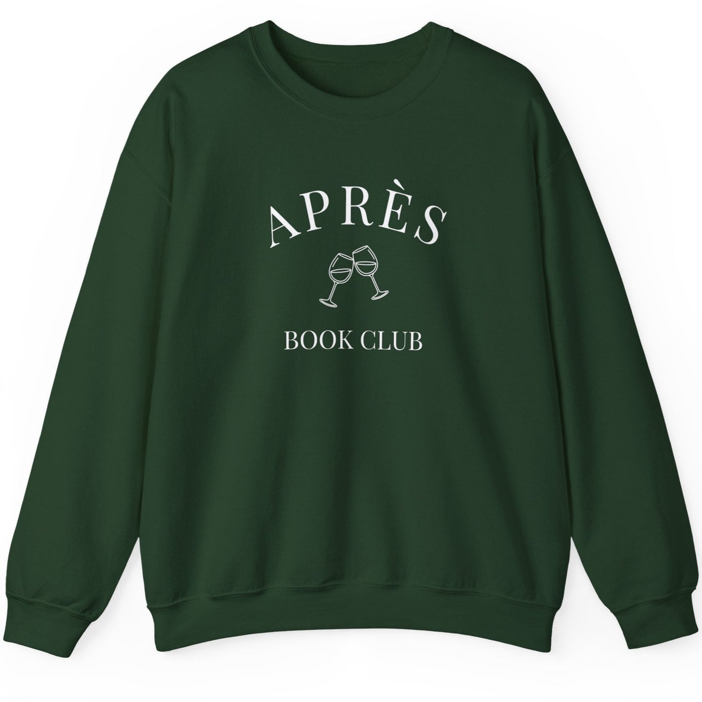 Green sweatshirt with 'APRÈS BOOK CLUB' text and design on a white background