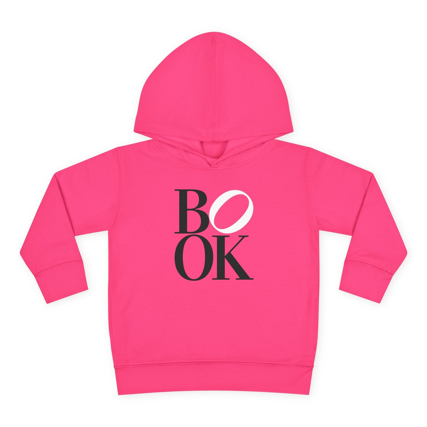 Pink hoodie with 'BOOK' printed on it against a white background