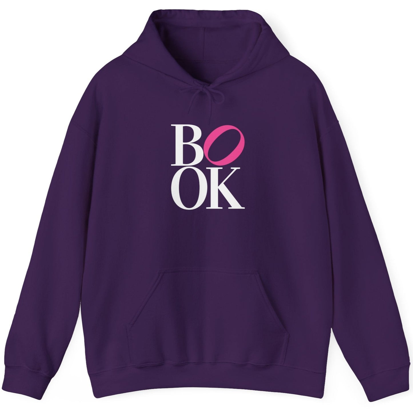 Purple hoodie with 'BOOK' text design on a white background