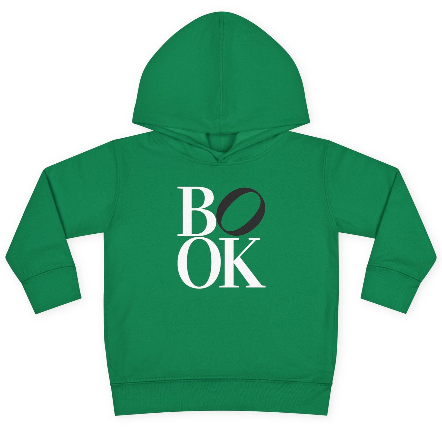 Green hoodie with 'BOOK' text on a white background